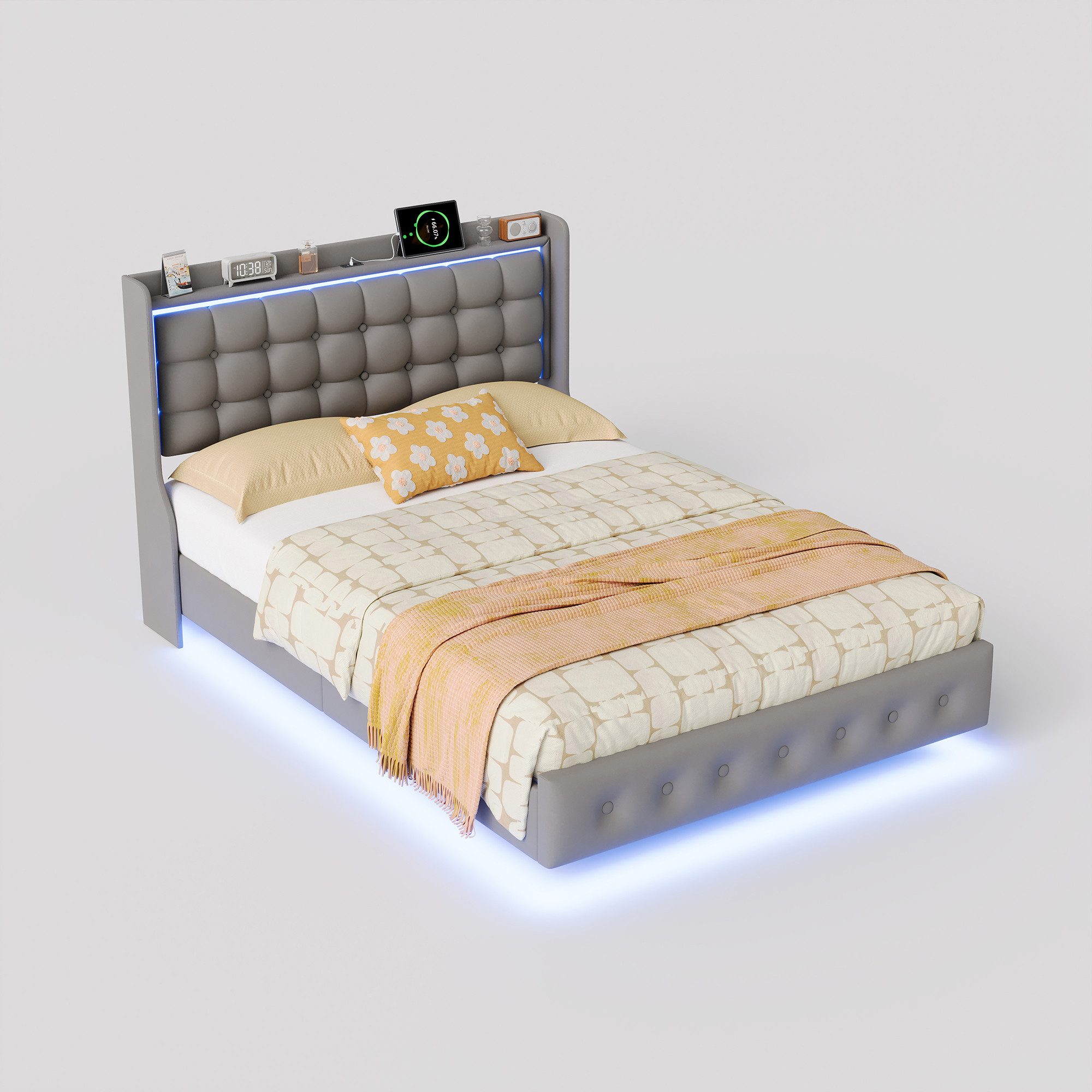 Furnishings Home Polsterbett Doppelbett Jugendbett mit LED-Licht (Mit Komforthöhe Lattenrost, Leises Design Bett), Samtmaterial Polsterbett mit RGB Beleuchtung – Bild 4 von 5