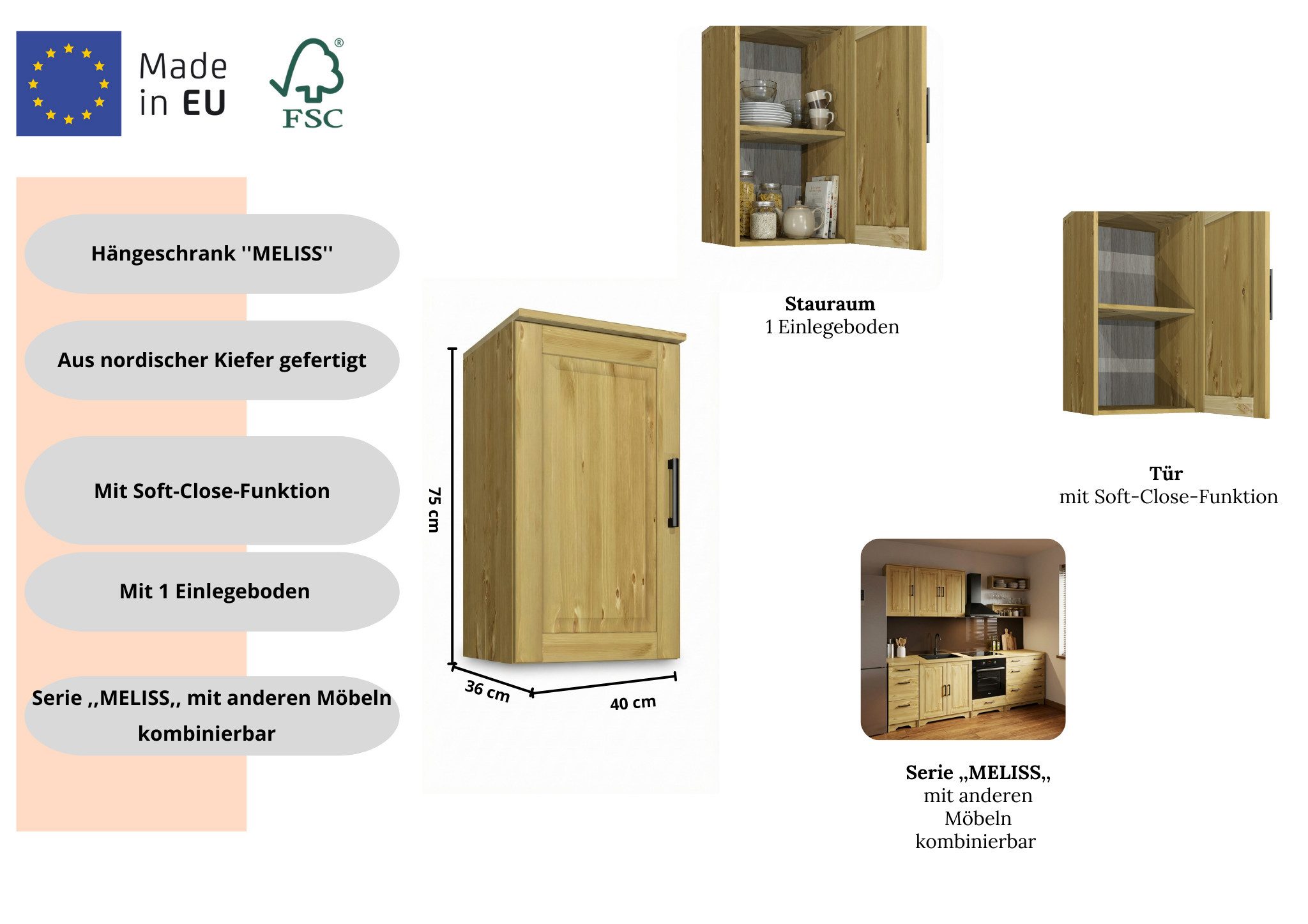 Home affaire Hängeschrank Meliss aus massiver Kiefer, Breite 40 cm, Soft-Close-Funktion