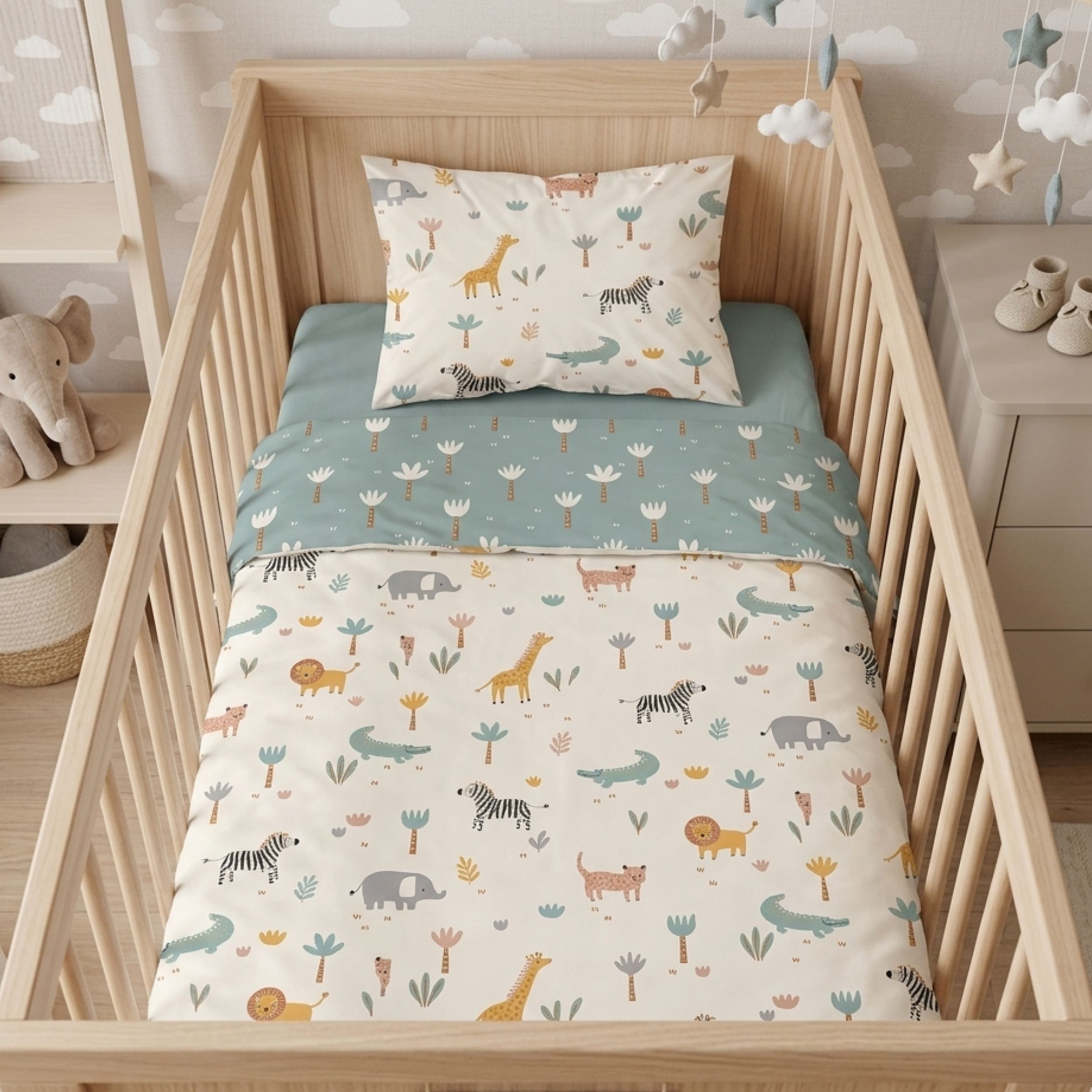 Familando Babybettwäsche Safari Tiere 100x135 40x60cm mit Elefant Tiger & Co., Renforcé, 2 teilig, mit liebevollem Motiv in dezenten Farben
