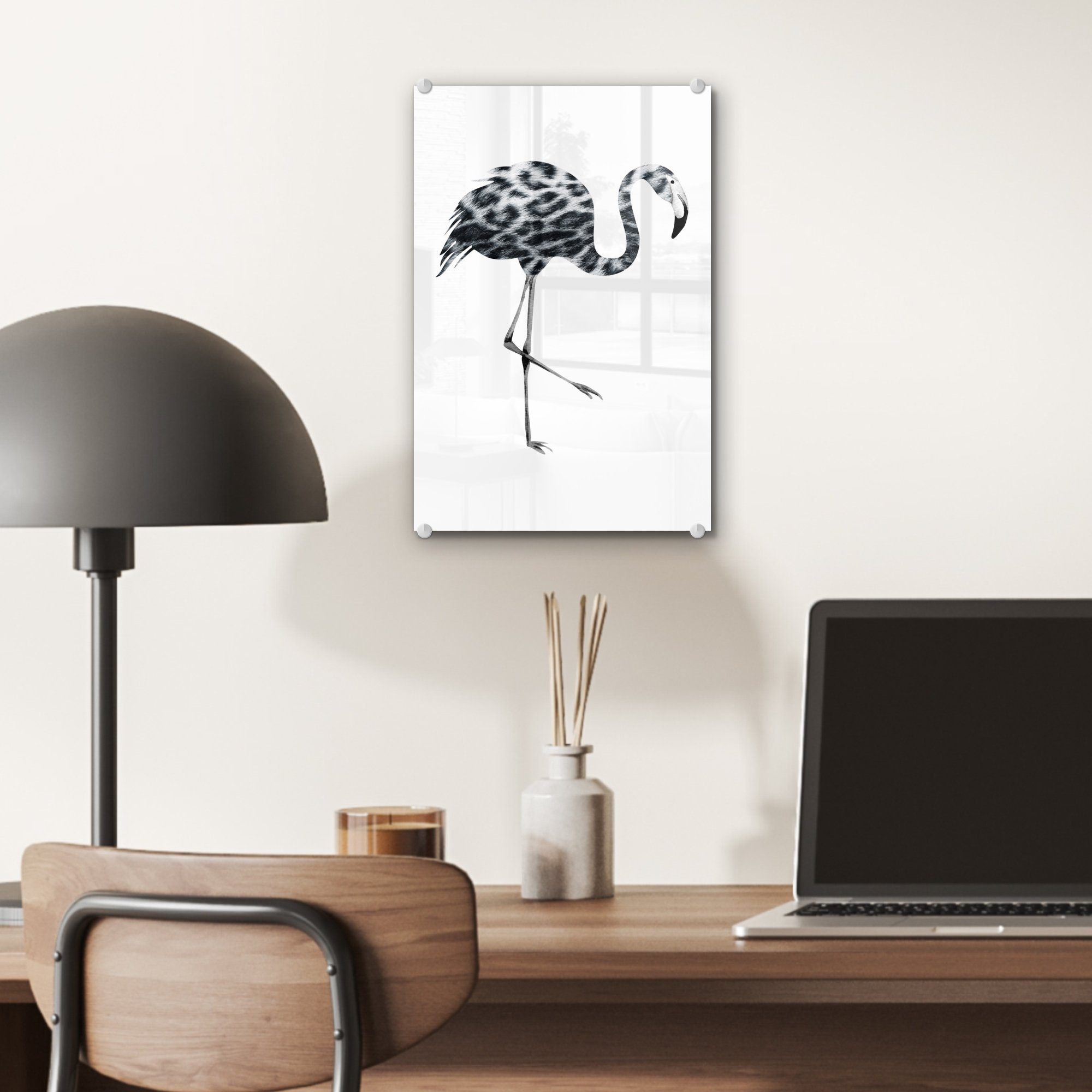 MuchoWow und - Bilder St), - auf Schwarz Wanddekoration (1 Wandbild auf Foto Pantherdruck, Acrylglasbild Glasbilder Flamingo - - Glas - Glas weiß bunt