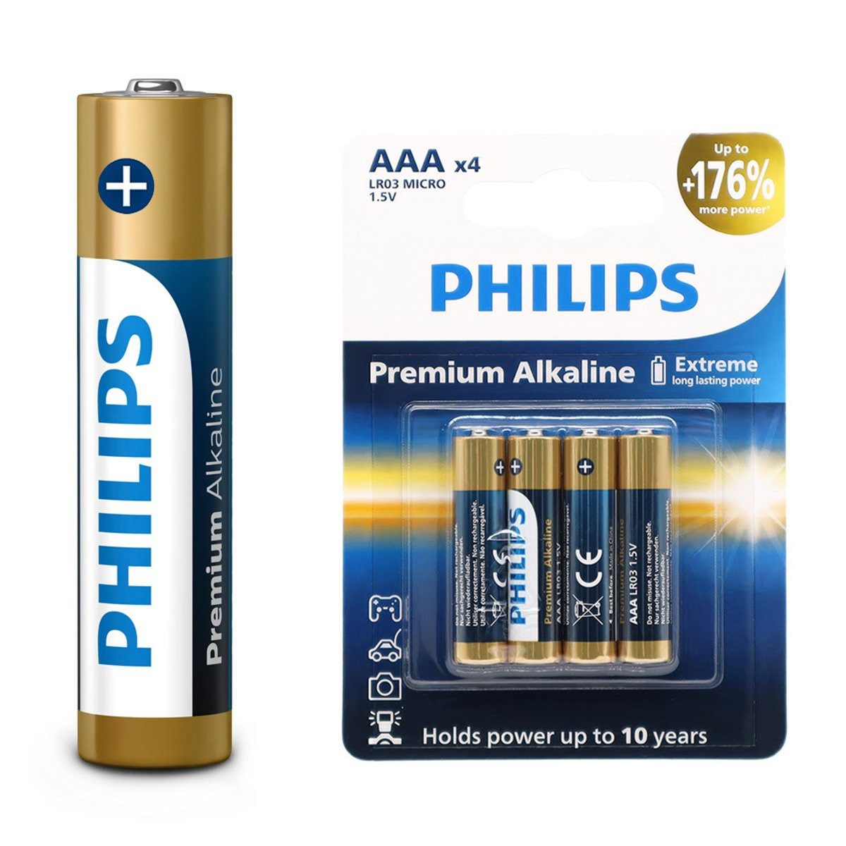 Philips Philips Batterie AAA LR03 LR3 Premium Alkaline 4 Stück Phil-LR03M4B/10 Verlängerungskabel