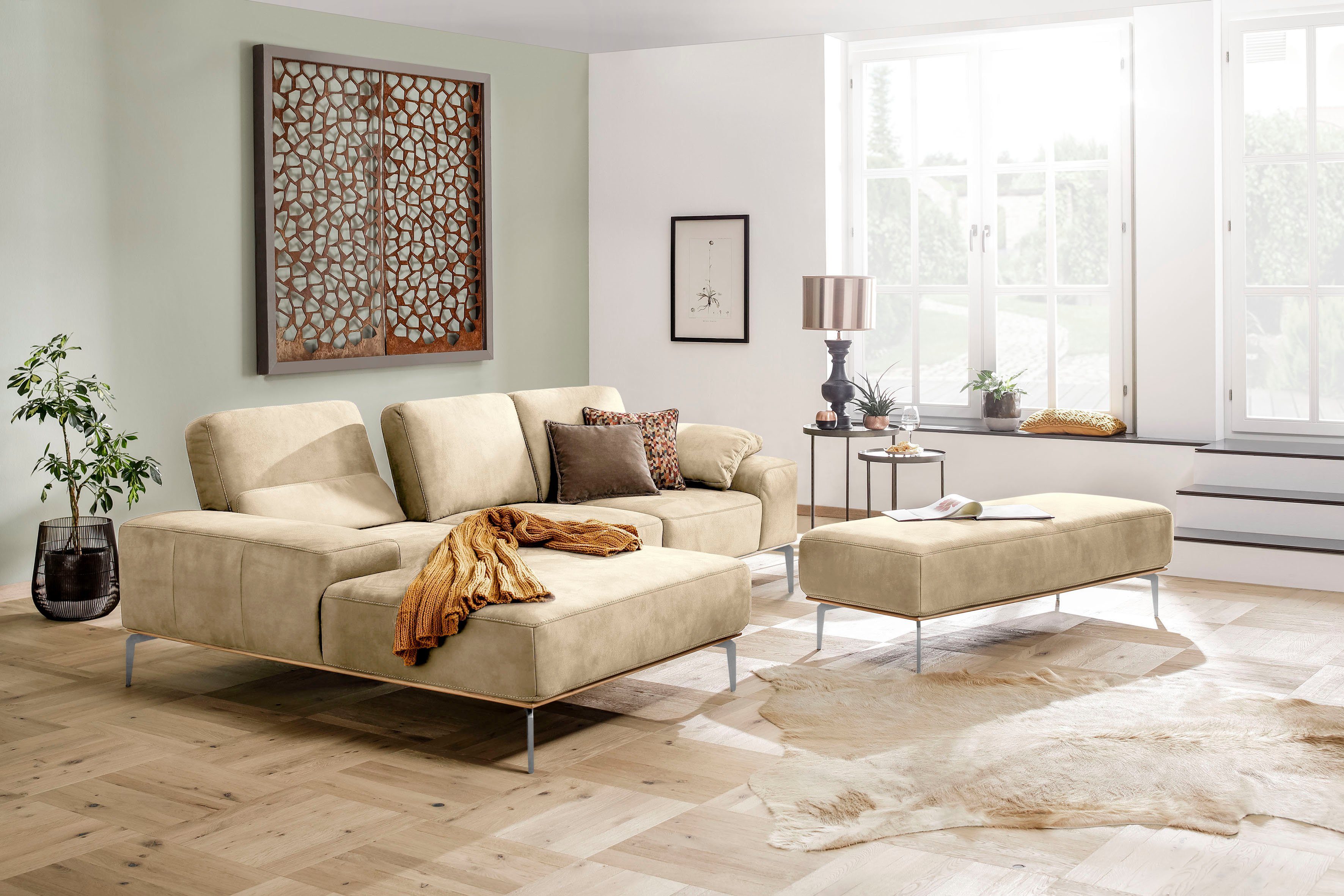 Breite Ecksofa Chrom cm run, 279 mit Holzsockel, elegantem glänzend, Füße W.SCHILLIG in