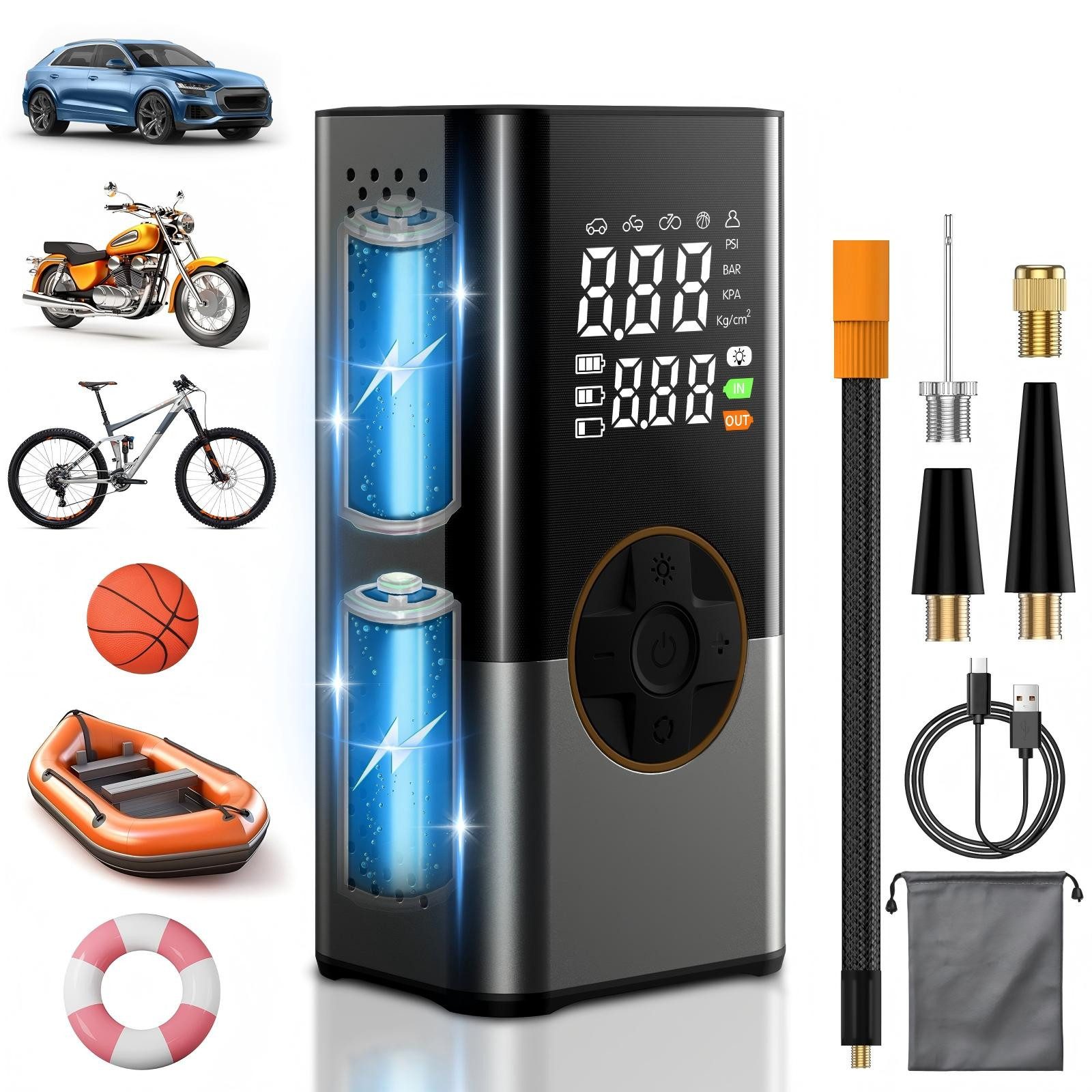 AIBISTAR Fahrradpumpe Akku-Luftpumpe Elektrische Luftpumpe 150PSI 20000RPM Mini Kompressor (Packung, 7-tlg., Mini Kompressor,luftpumpe für fahrrad), 6000 mAh,3-in-1 LED Beleuchtung,Powerbank Funktion