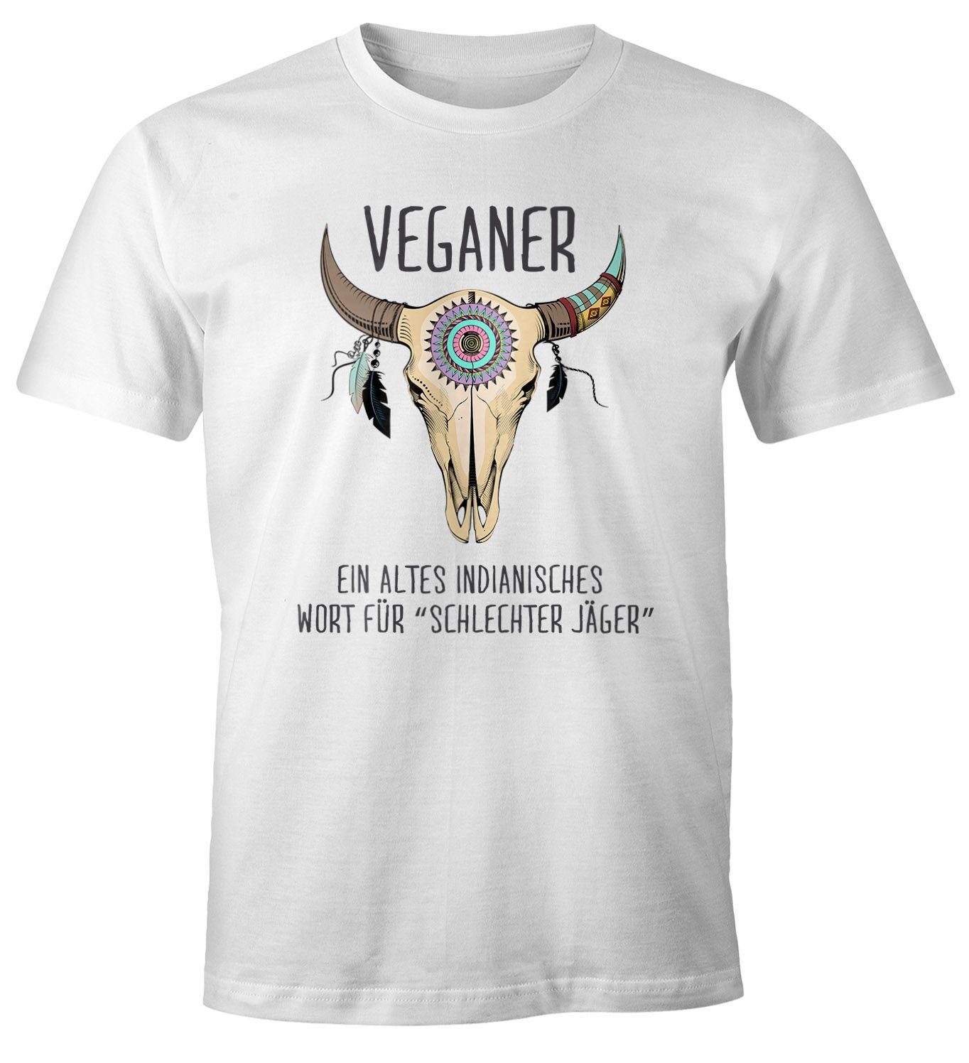 MoonWorks Print-Shirt Herren T-Shirt Vegetarier / Veganer weiß lustig Spruch Schlechter Fun-Shirt Jäger Veganer mit Skull Print Moonworks®