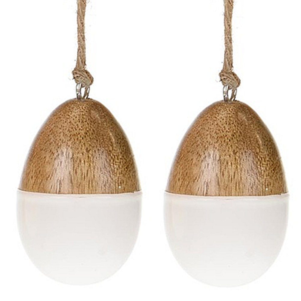 Macosa Home Osterei Oster-Deko Ei Osterdekoration Dekoeier Frühlingsdeko Ostereier (2 St), DJ38106 2er Set Oster-Eier Holz gelb Holzeier zum Hängen Oster-Deko