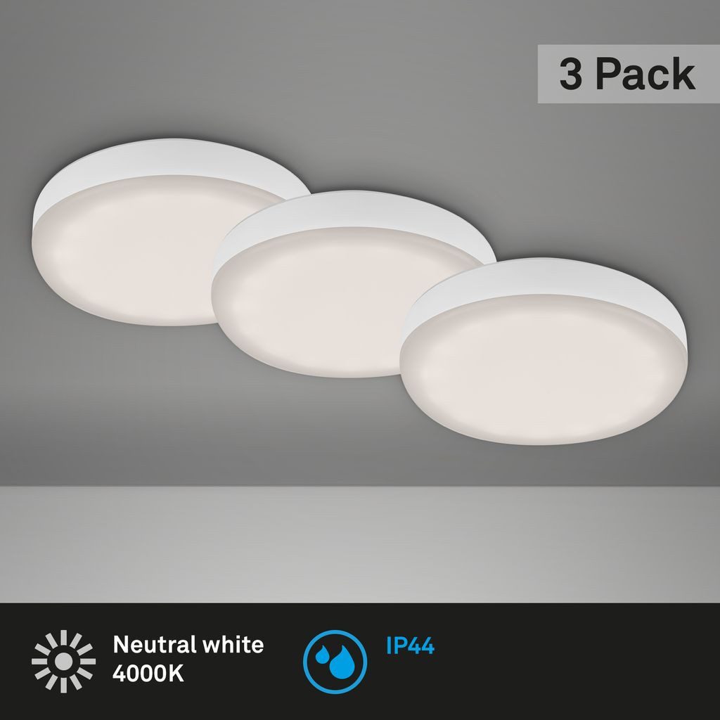 Briloner Leuchten LED Einbaustrahler 7061-436, LED fest integriert, 2700K - Extra-Warmweiß, Einbauleuchte rahmenlos für Bad 3er Set 3W 350lm 4000K IP44 Ø 7,5cm