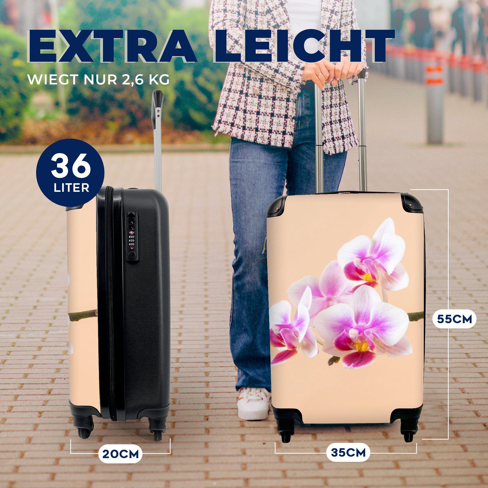 und Orchidee, Weiße für rosa Trolley, Ferien, 4 Reisetasche rollen, MuchoWow Handgepäckkoffer Handgepäck Rollen, mit Reisekoffer