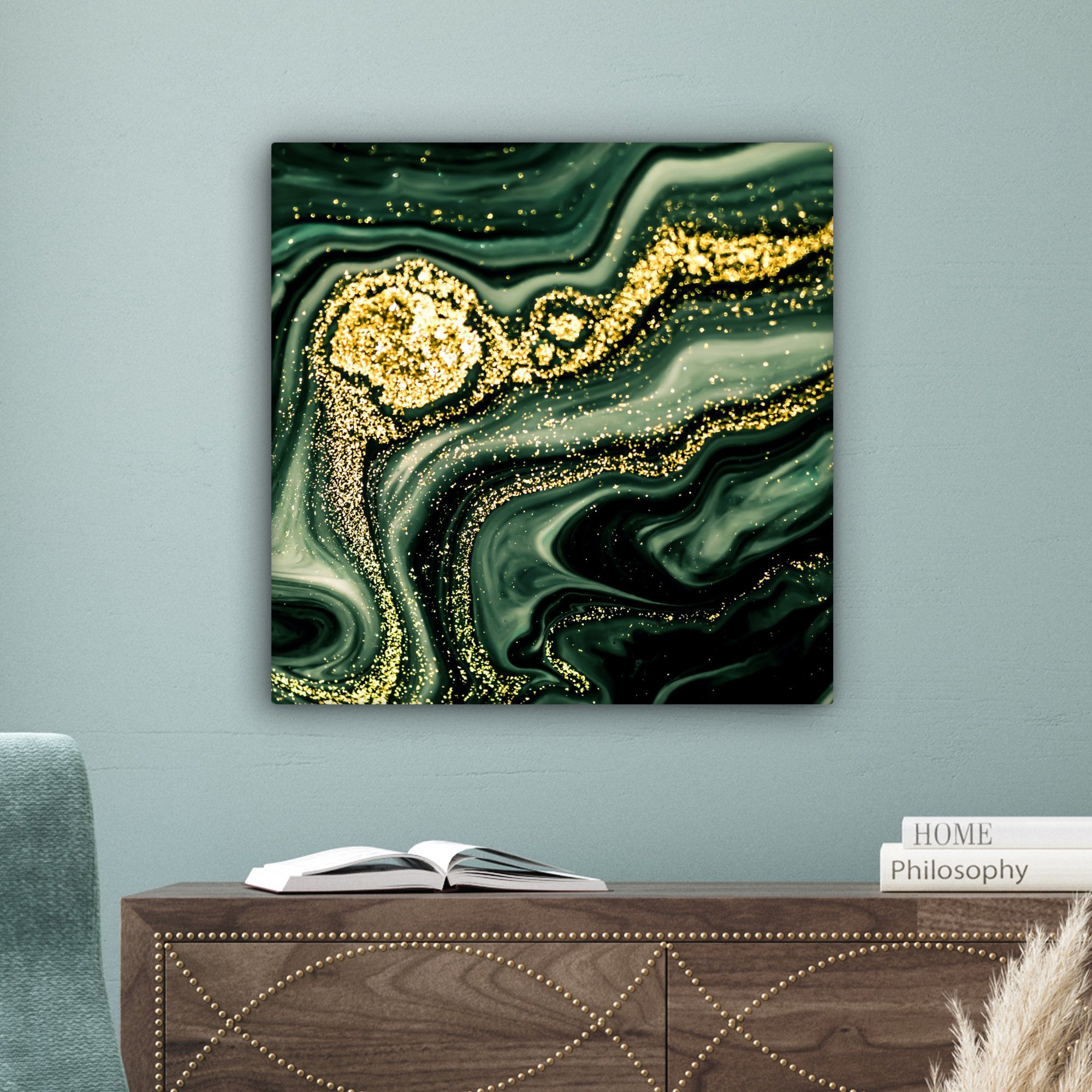 Marmoroptik Gold Wohnzimmer - Luxus, Leinwandbild Glitter St), - OneMillionCanvasses® für 50x50 - Bilder Schlafzimmer, Leinwand Marmor (1 cm - - Grün