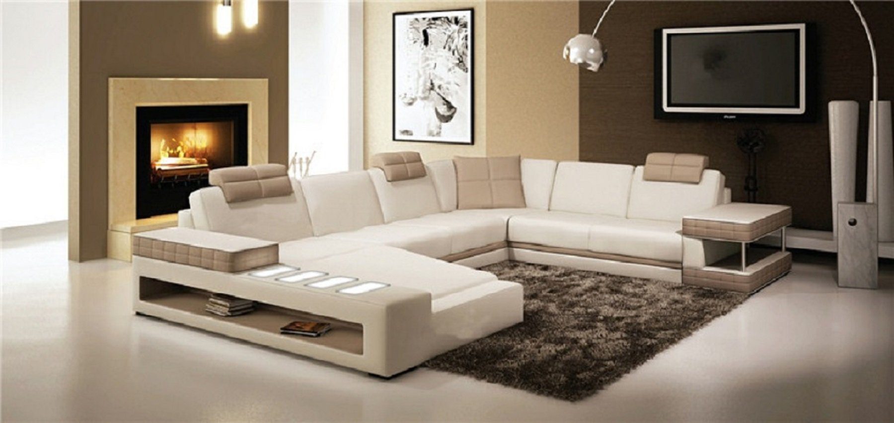 JVmoebel Ecksofa U Form Sofa Couch Polster Wohnlandschaft Design Luxus Ecksofa Leder Weiß/Beige