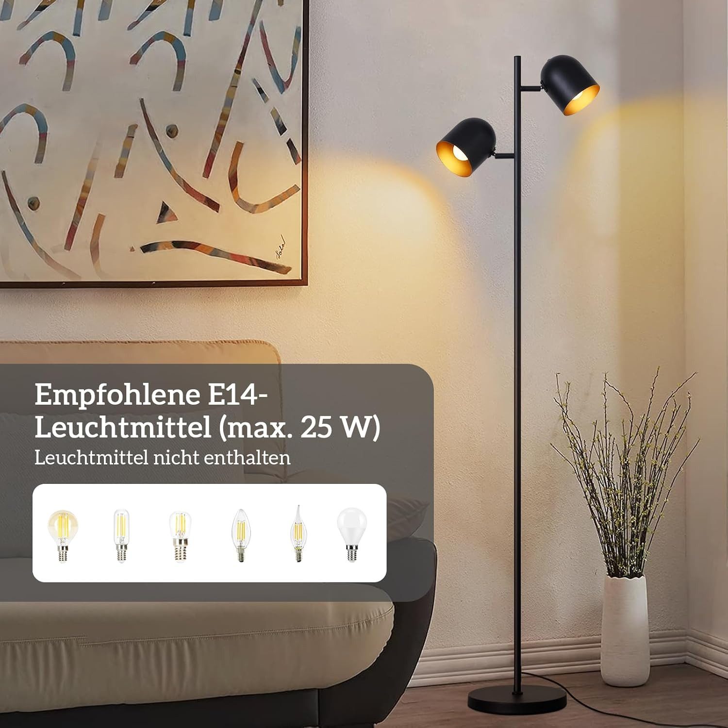 Nettlife Stehlampe Schwarz Wohnzimmer Stehleuchte Vintage Metall 2 Flammig E14 Industrial, Schwenkbar 350°, LED wechselbar, Stehleuchte Leselampe Retro für Schlafzimmer Wohnzimmer