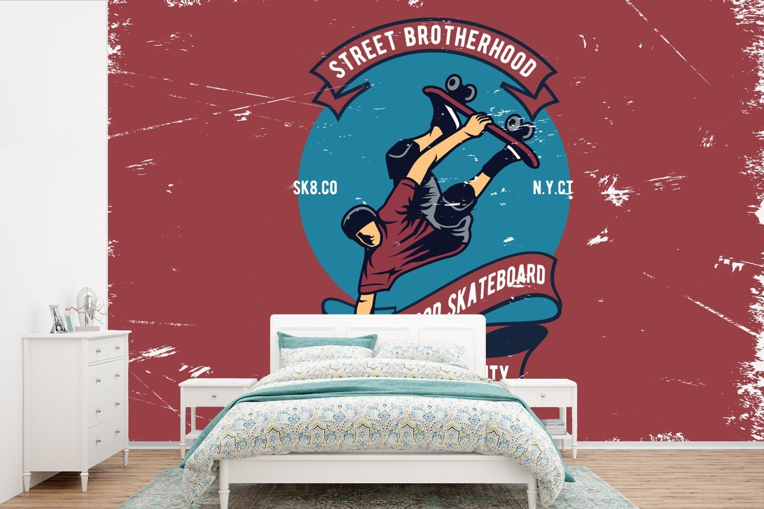 MuchoWow Fototapete Skateboard - Mann - Retro - Zitat, Matt, bedruckt, (6 St), Wallpaper für Wohnzimmer, Schlafzimmer, Kinderzimmer, Vinyl Tapete