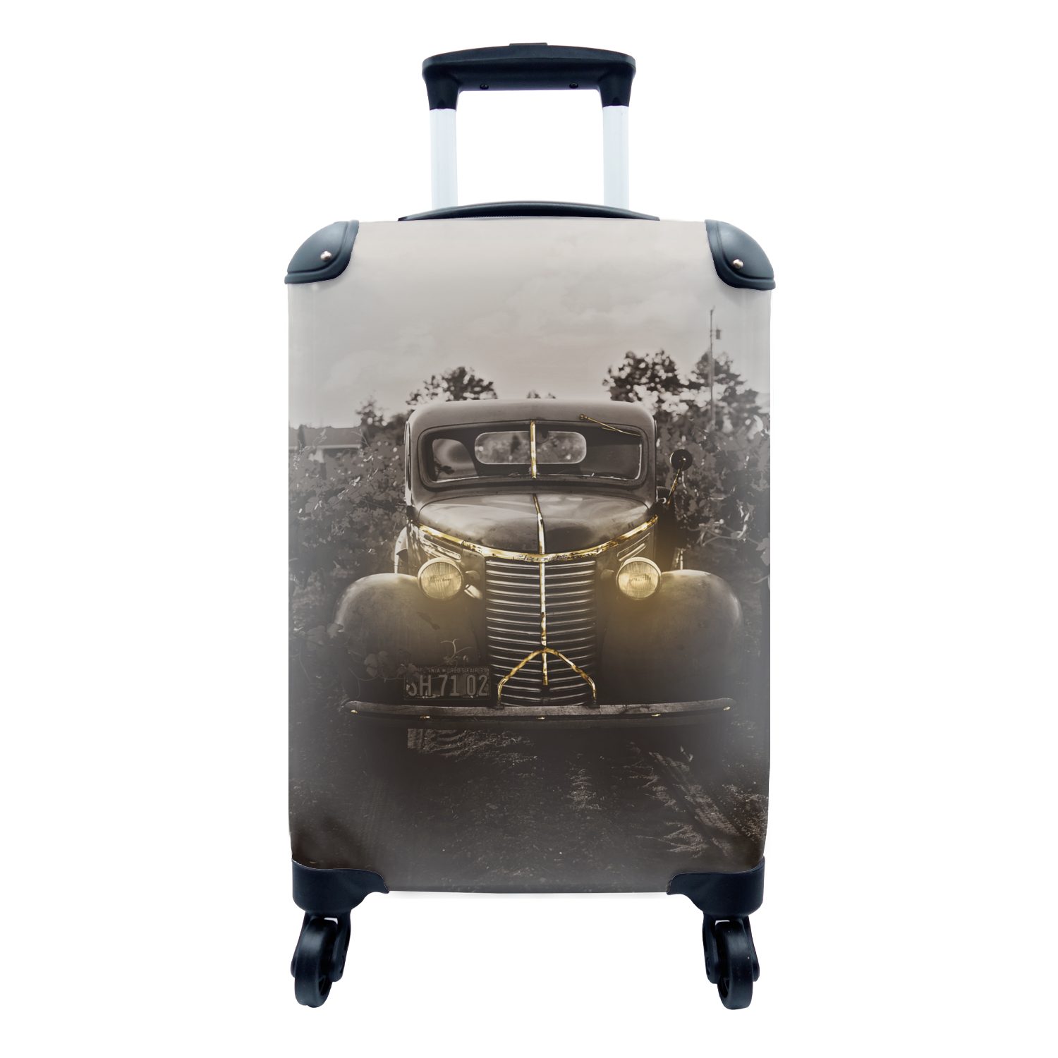 MuchoWow Handgepäckkoffer Auto - Vintage - Schwarz - Gold, 4 Rollen, Reisetasche mit rollen, Handgepäck für Ferien, Trolley, Reisekoffer