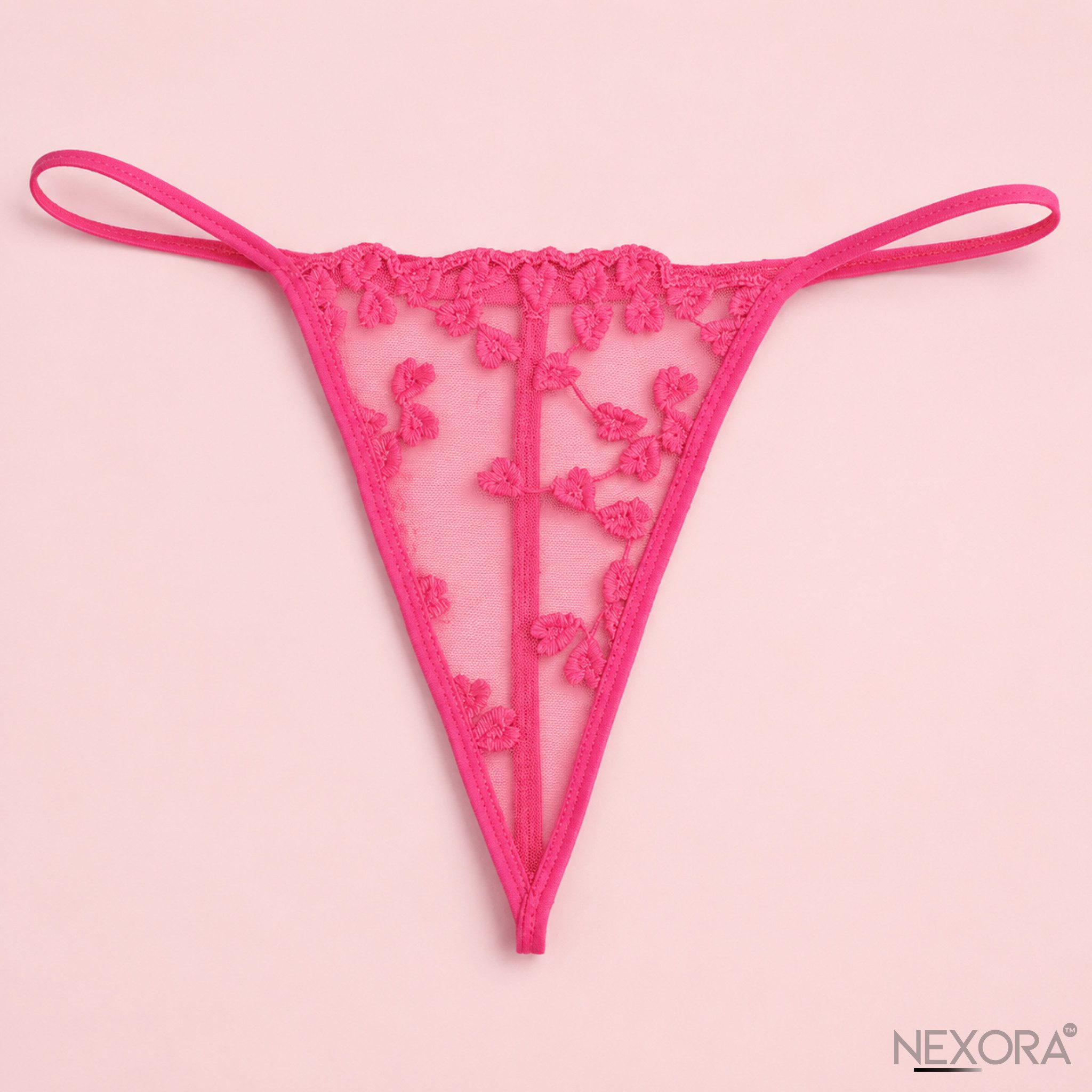 NEXORA INTIMATES™ Stringtanga Damen String Tanga Pink mit floraler Stickerei One Size XS-XL (Einzelartikel, 1-teilig) Transparentes Mesh mit floraler Stickerei