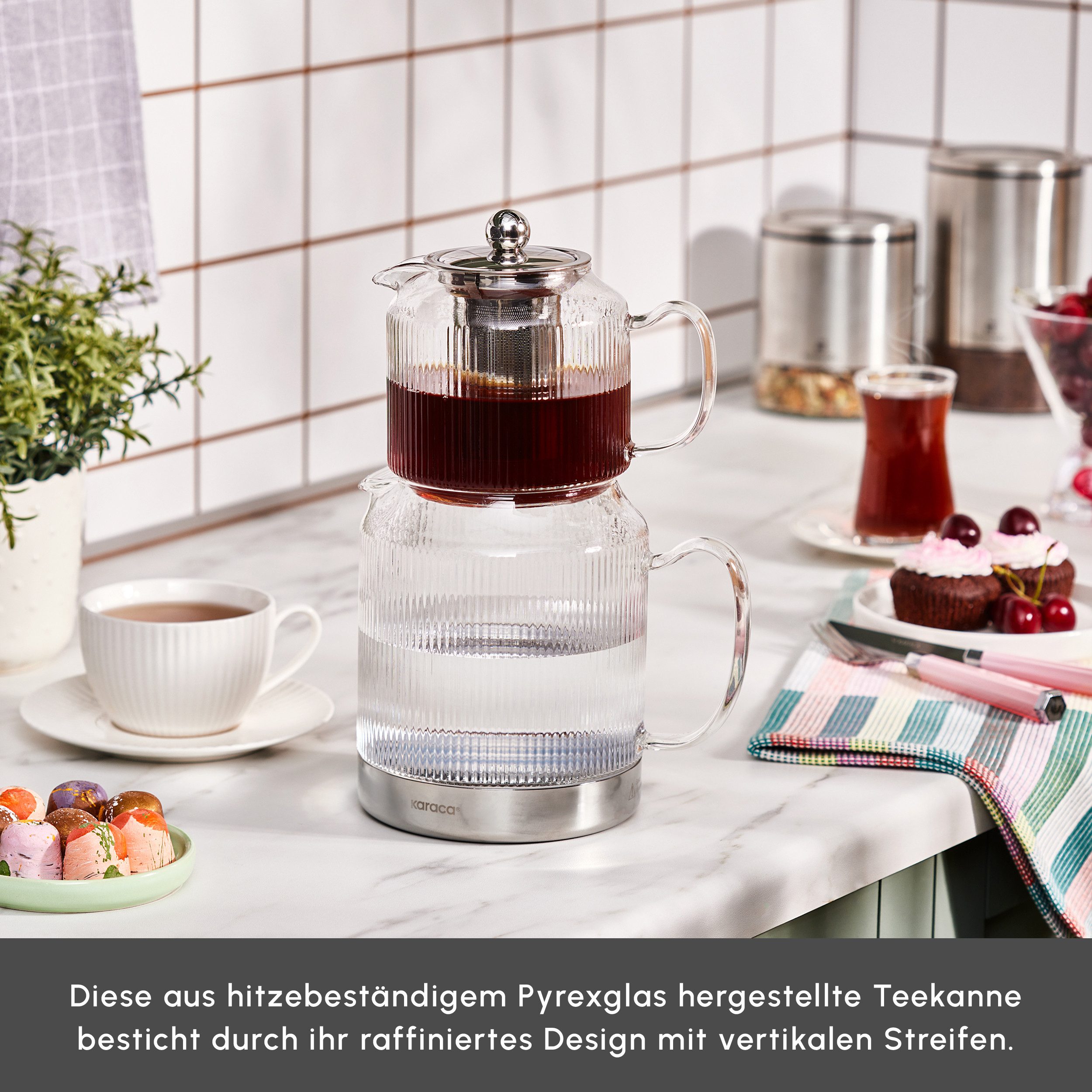 Karaca Teekanne Karaca Keops XL Borosilikat Glas-Teekannen-Set, 1.95L, Silber-Design, 1.95 l, Induktionsgeeignet, elegantes Design – Bild 5 von 5