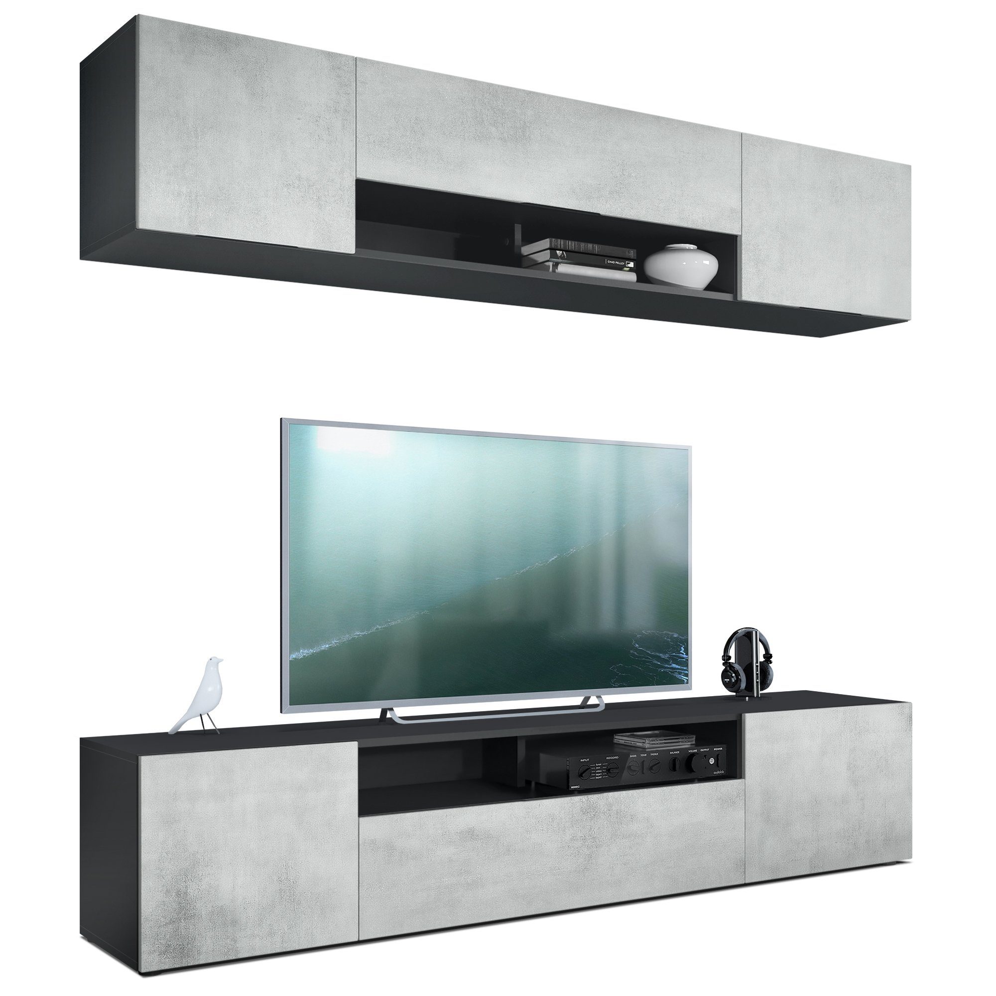 Vladon Wohnwand Mogan, (Anbauwand bestehend aus 2 TV-Boards, mit jeweils 2 Türen, 1 Klappe und 1 offenes Fach), Schwarz matt/Beton Oxid Optik 2x (181 x 39 x 35 cm)