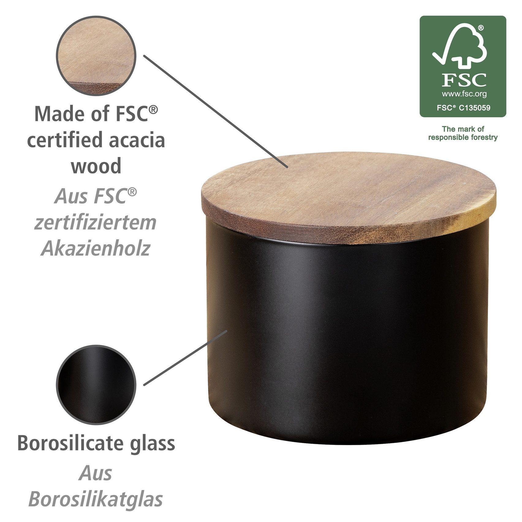 WENKO Vorratsdose Modell Mio, Borosilikatglas, (1-tlg), Frischhaltedose für Lebensmittel, luftdichter Deckel aus Akazienholz