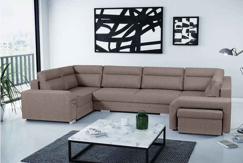 MKS MÖBEL Ecksofa ALVA U, Ecksofa mit Hocker und Minibar - U-Form Sofa Mit Schlaffunktion