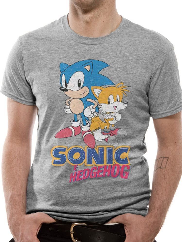 THE hellgrau Jugendliche S L SONIC HEDGEHOG T-Shirt + meliert XL SEGA Print-Shirt M XXL Sonic Erwachsene