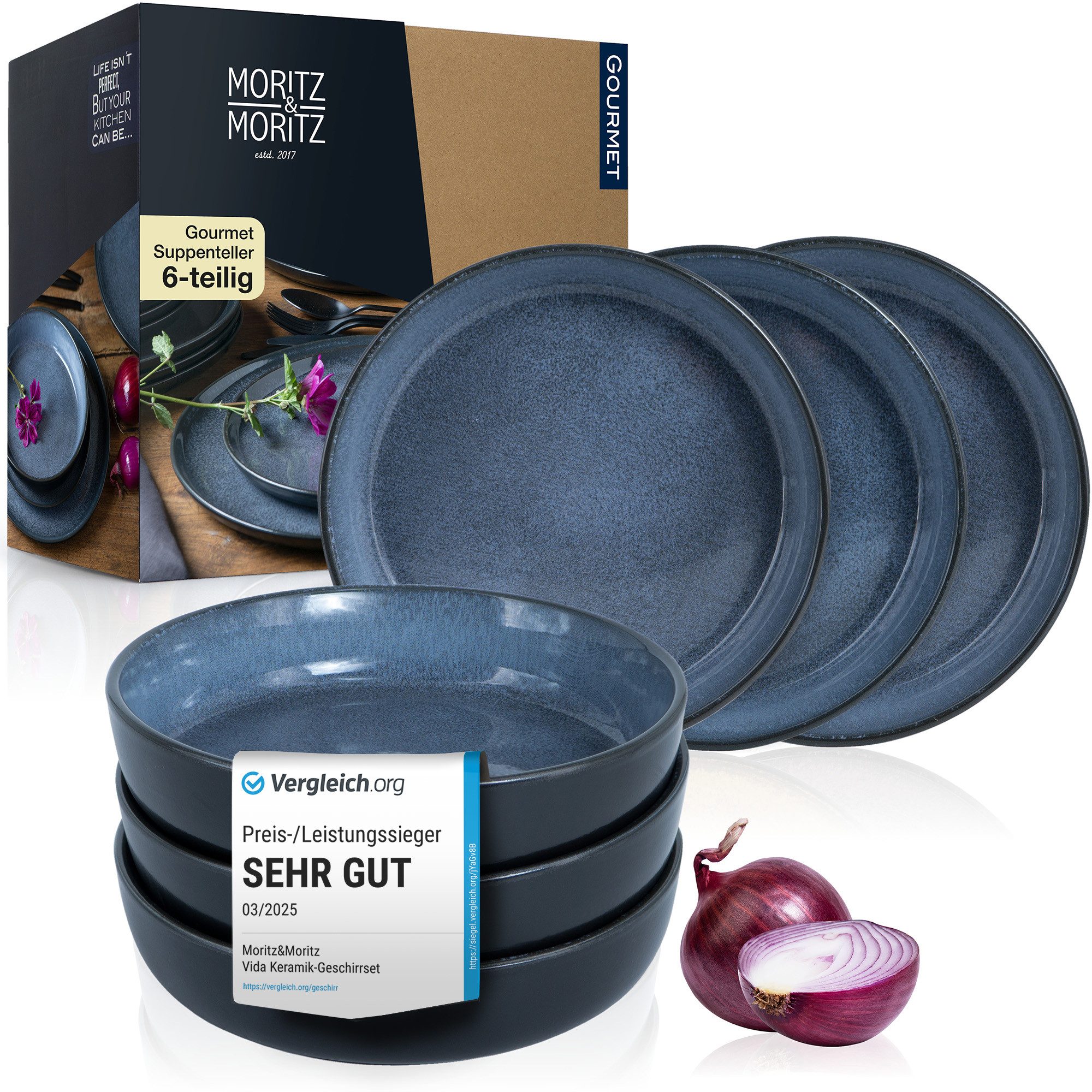 Moritz & Moritz Geschirr-Set VIDA Suppenteller für 6 Personen Blau (6-tlg), 6 Personen, Porzellan, Geschirrset für 6 Personen