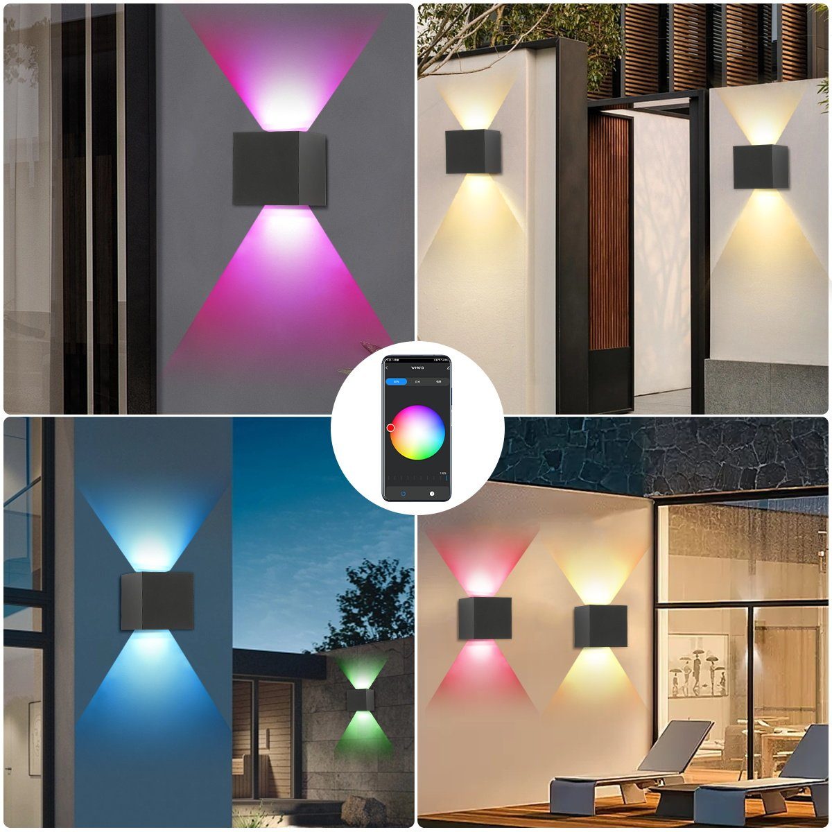 7W-RGB (wifi) Wandlampe RGB Farbwechsel, Innen/Außen, LED Smart Wandleuchte 7W LETGOSPT RGB, LED einstellbarer App/Sprachsteuerung, Wandlampe steuerbar Abstrahlwinkel-Wandleuchte fest WiFi integriert, Warmweiß,