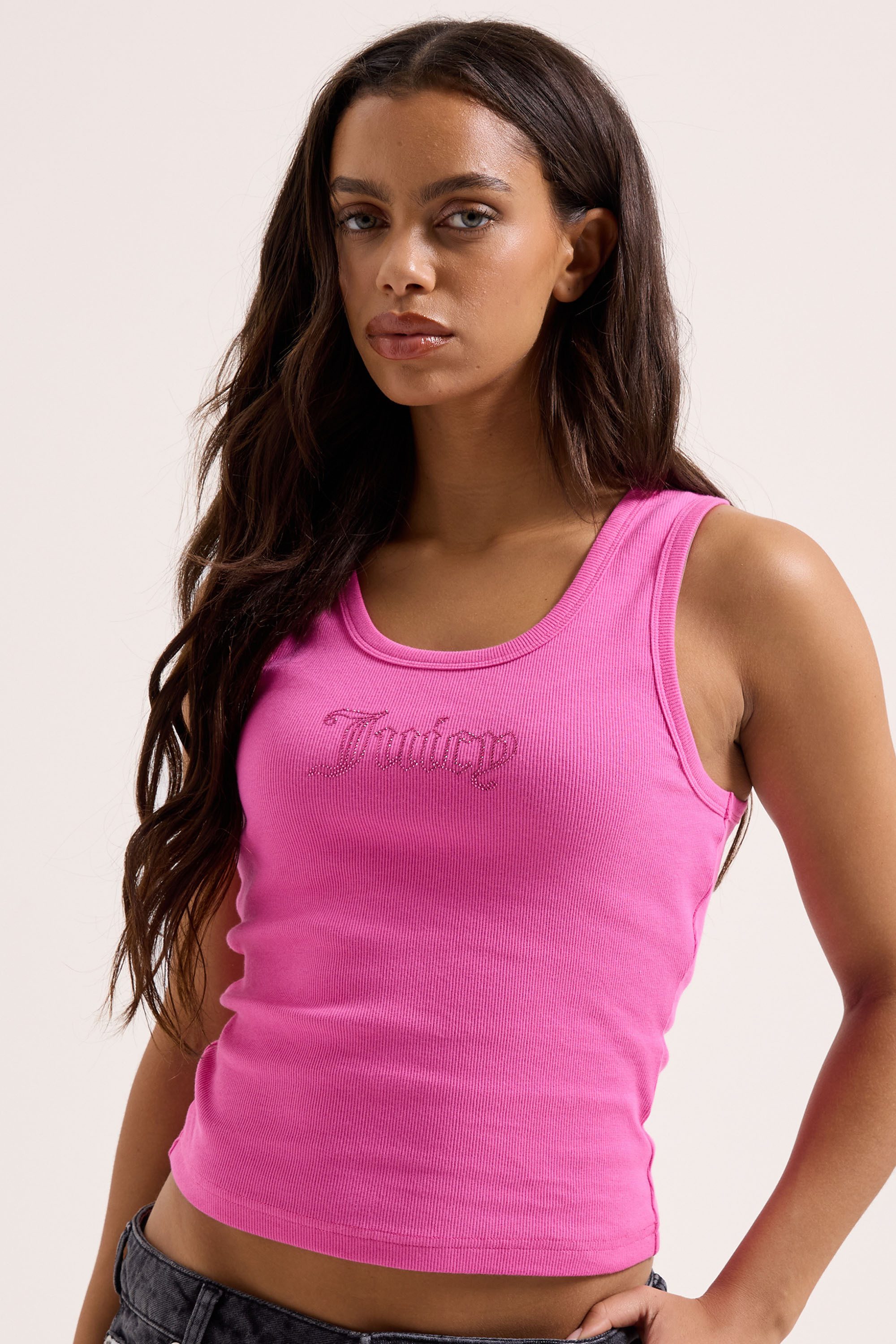 Juicy Couture T-Shirt THIN STRAP RACER VEST Damen T-Shirt Damen, Schriftzug, Sportshirt, Trägertop, mit Glitzer, Sale