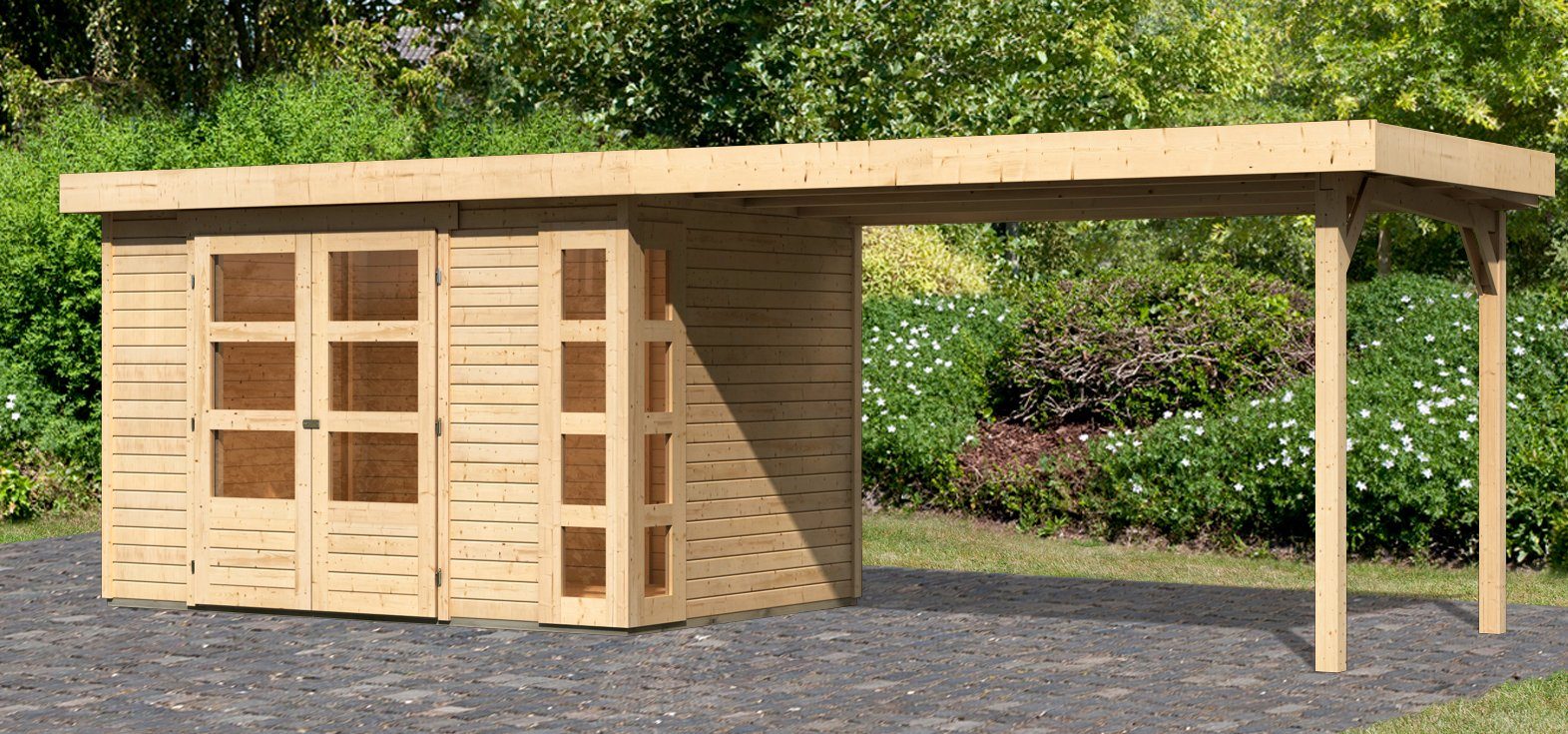 Karibu Gartenhaus Kerko 4, BxT: 609x238 cm, (Set), Doppelflügeltür mit  Lichtausschnitt und moderner 8-fach Fensterecke