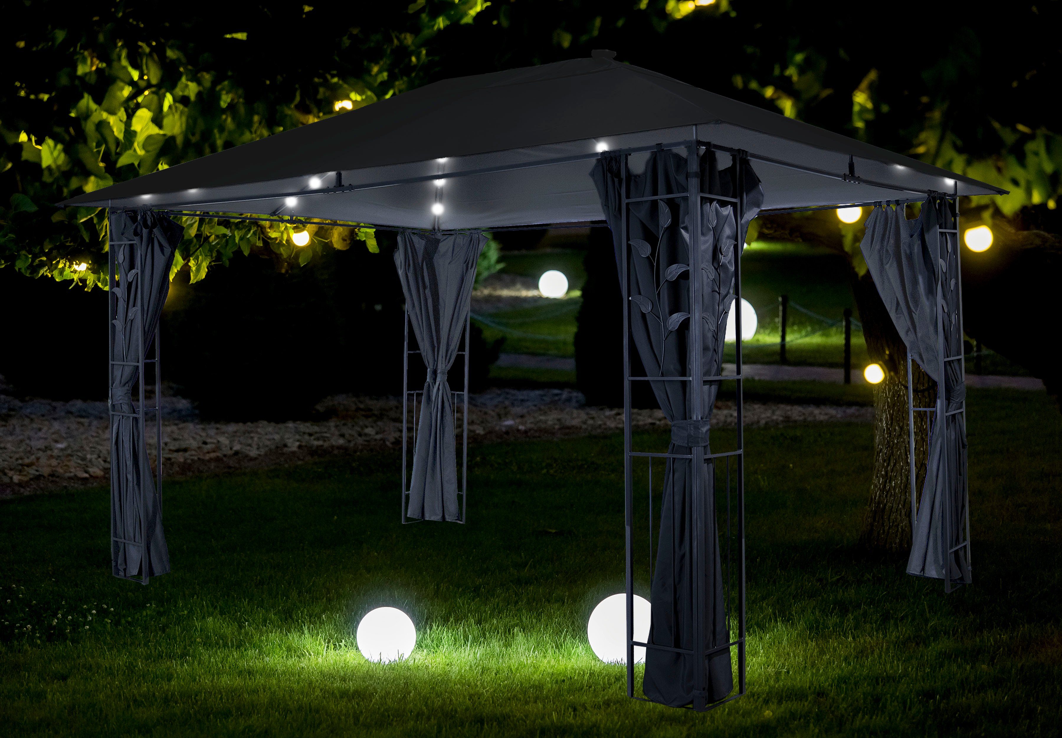 Livotion 300x400cm, mit grau in Pavillon, Seitenteilen, Blätteroptik, mit 4 LED-Beleuchtung,