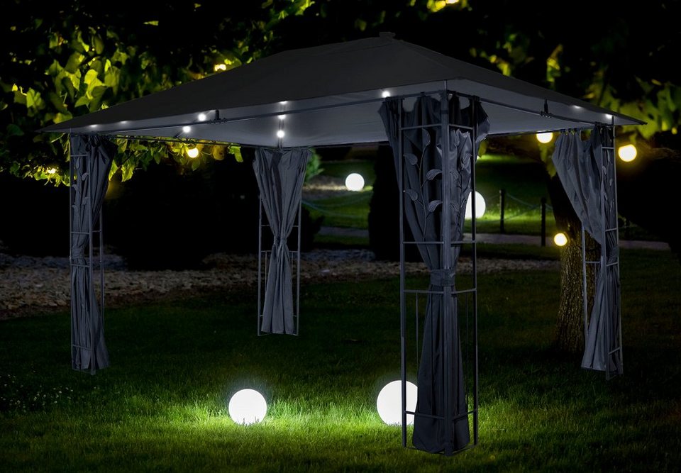 Livotion Pavillon, mit 4 Seitenteilen, mit LED-Beleuchtung, in  Blätteroptik, 300x400cm, grau
