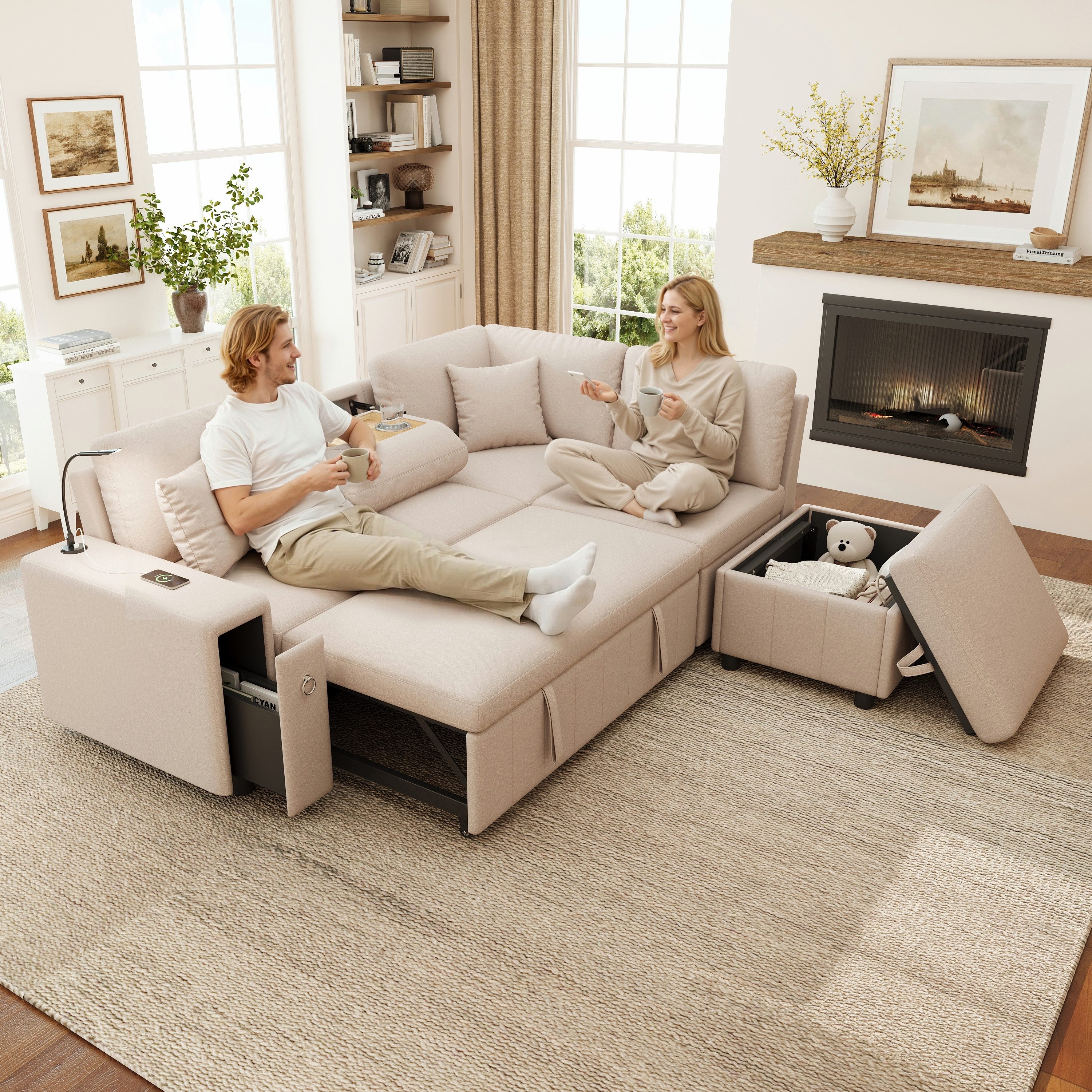 Merax Schlafsofa Ecksofa L-Form Sofa, 5-Sitzer Sofa mit Schlaffunktion, 1 Teile, Ausziehbares Sofa mit Hocker, Leselicht, Stauraum, USB, Type-C, Leinen