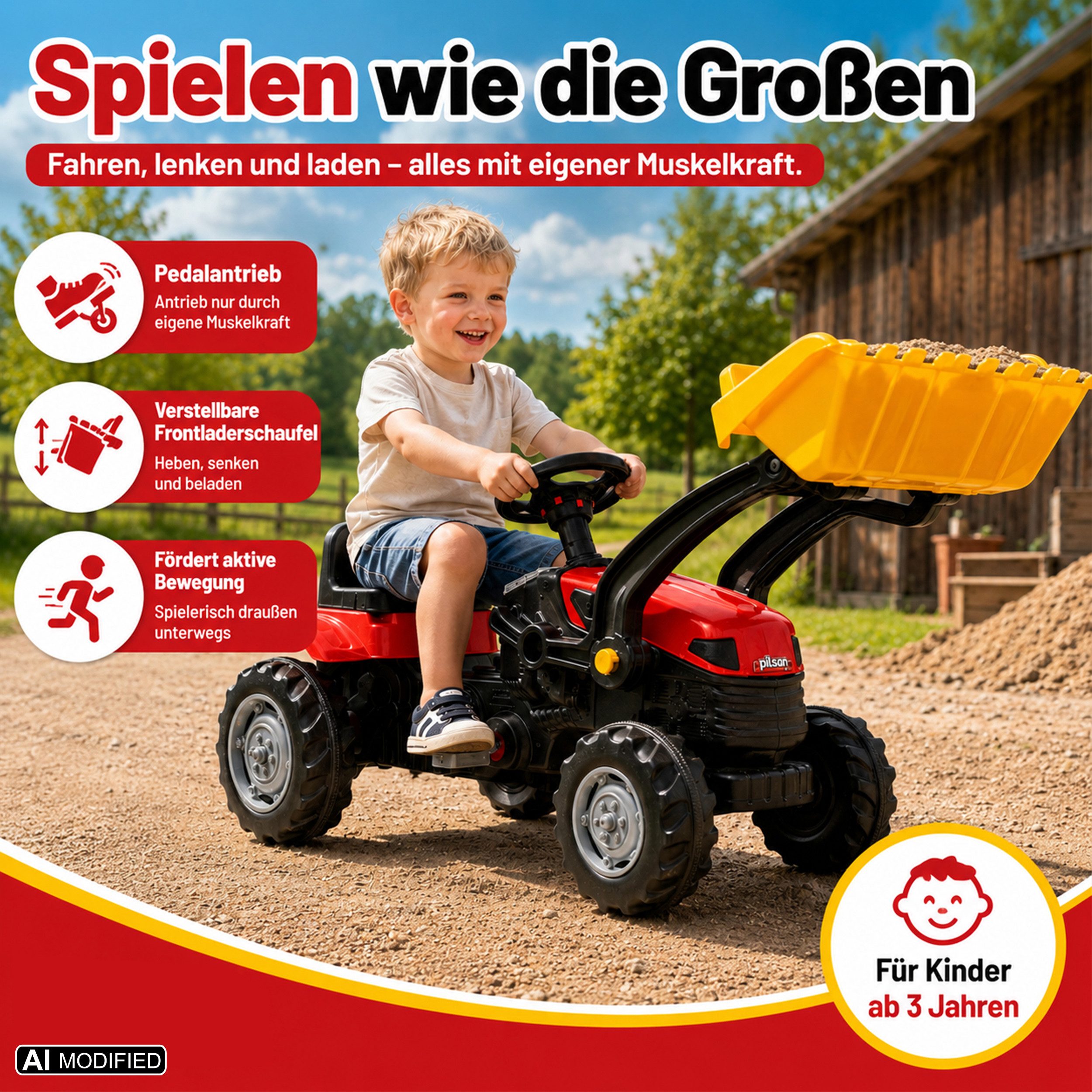 Lemodo Trettraktor Kindertraktor mit Schaufel und Hupe, Trettrecker in gelb