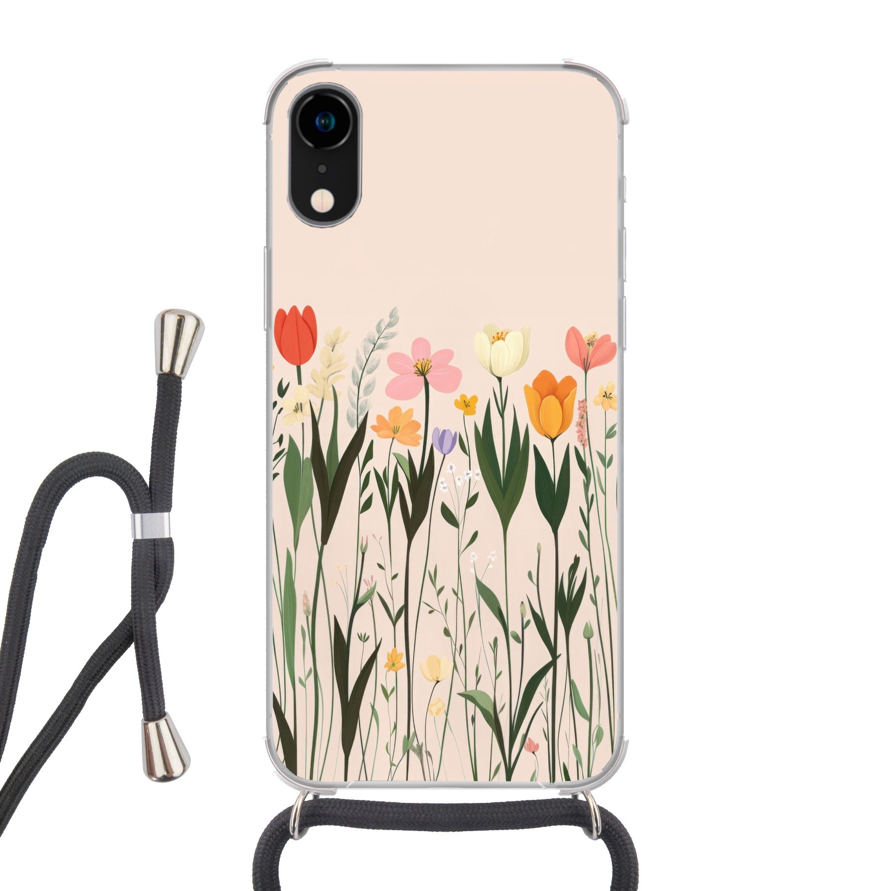 MuchoWow Handyhülle für Apple iPhone XR Pastelltöne - Blumen - Illustration, Tragbare Handyhüllen mit Kette zum umhängen, Handykette Handyband