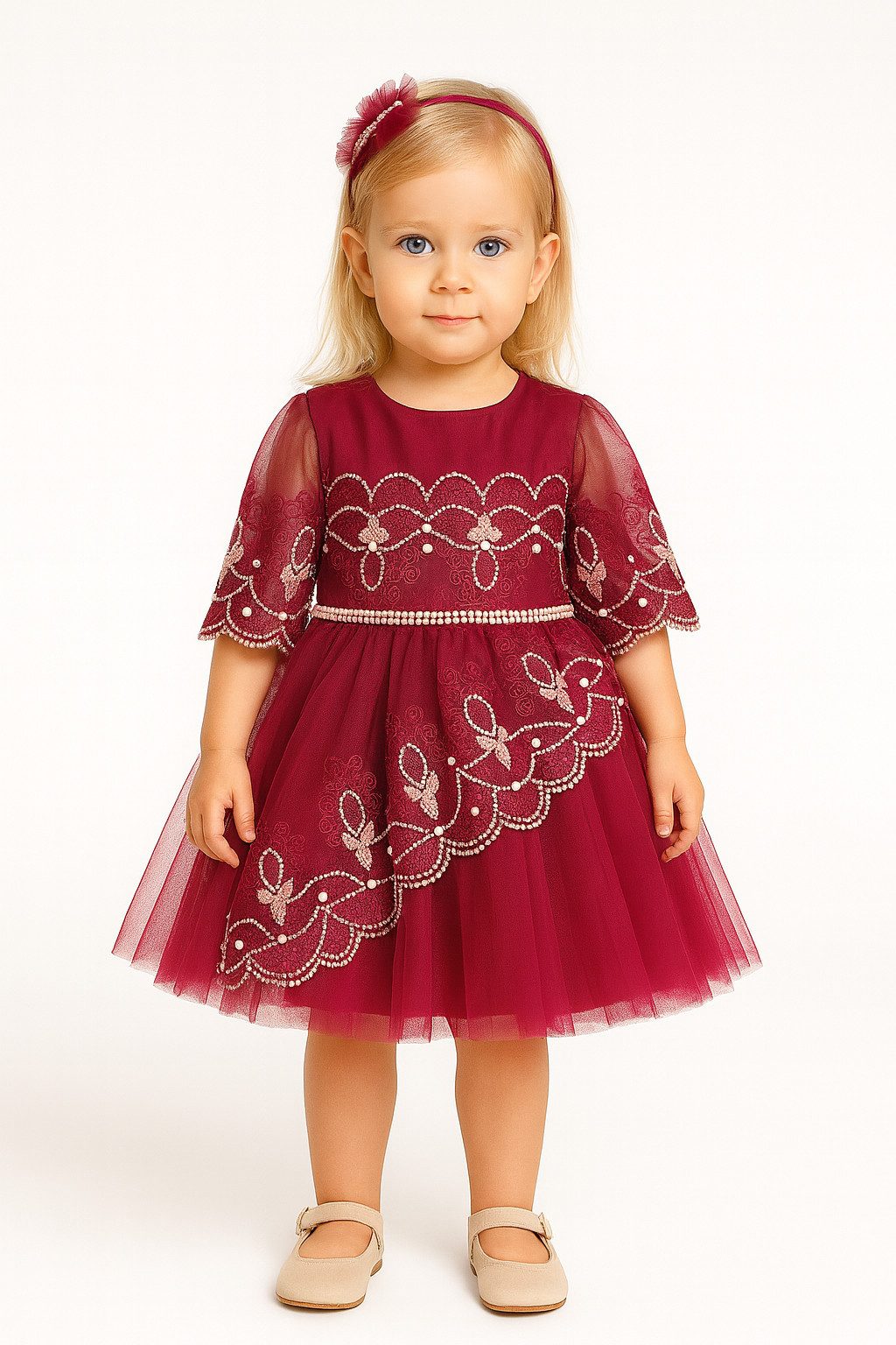 Lorey Medtec Partykleid Prinzessin Kleid mit Haarreif, Taufkleid, Spitze, 100% Baumwolle (Kleid + Haarreif) Spitze, Tüll, Perlen