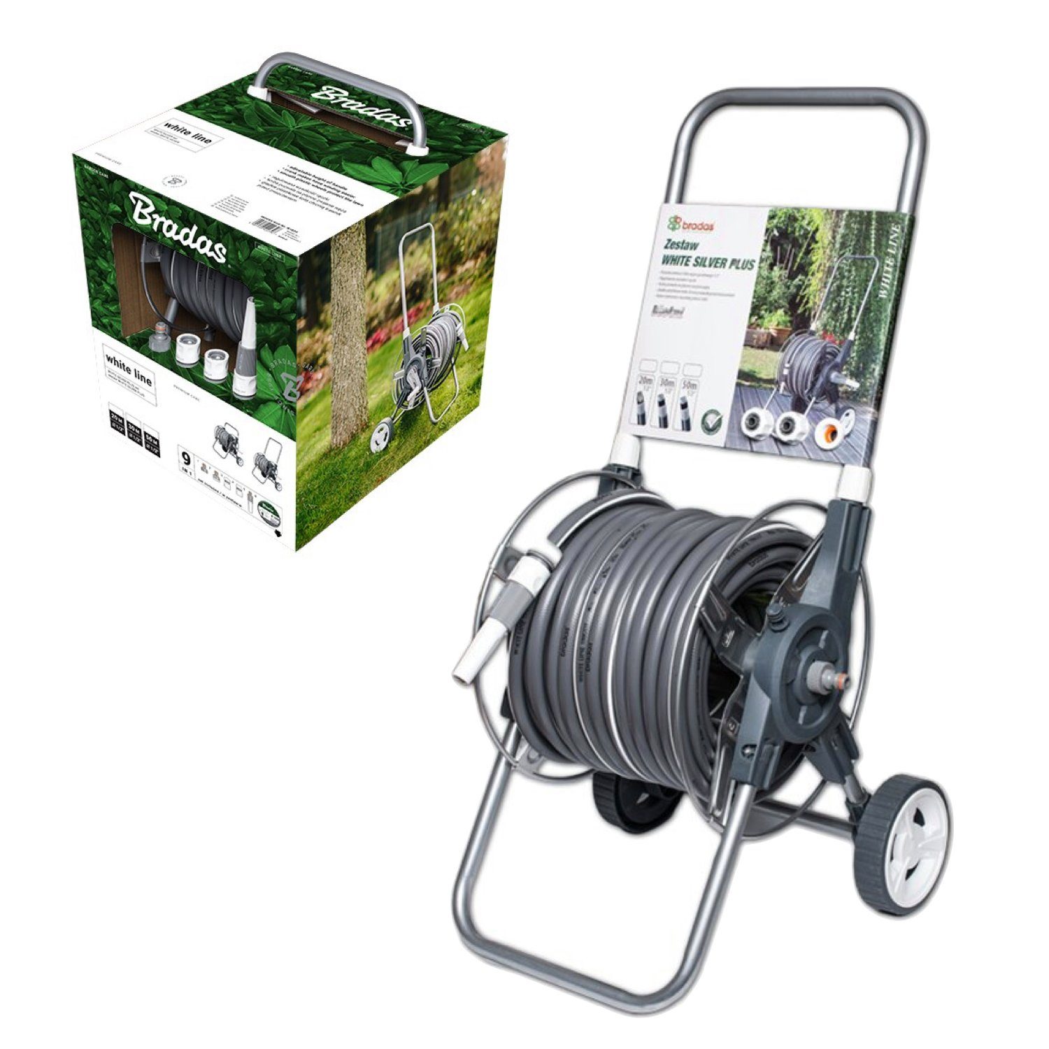 Gartenschlauch Schlauchwagen SET 50m Schlauch 1/2"+ Spritzdüse+Ha, Bewässerung, (1x gerade Düse, verstellbare, 3x Schnellkupplung 1/2 ''  1x Schnellkupplung mit 1/2'', 1x 3/4 '' Hahnanschluss, 1x Hahnanschluss mit Reduzierung 3/4'' - 1/2)