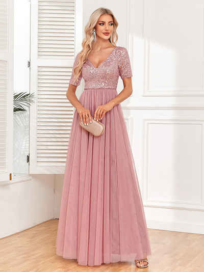ZWY Abendkleid Elegantes Kurzarm-Patch-V-Ausschnitt für Damen A-Linien-Tüll-Abendkleid, A-Linien-Paillettenkleid