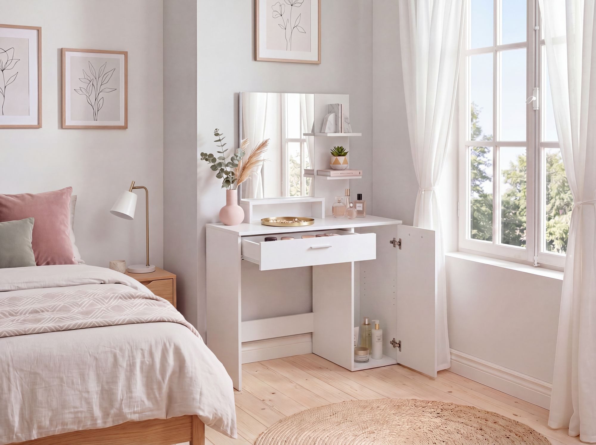 Wohnling Schminktisch WL7.833 Kosmetiktisch 90cm Frisiertisch Weiß Make-Up-Tisch Spiegel (Helle Frisierkommode für das Schlafzimmer), Kratzfeste Oberfläche dank Melaminharzbeschichtung