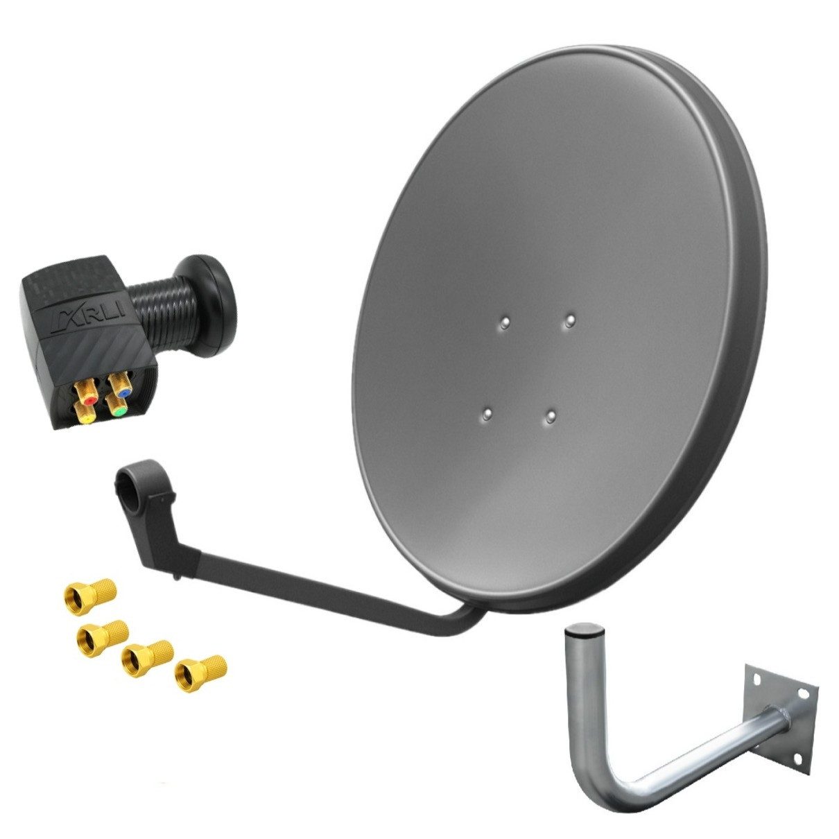 ARLI 60 cm HD Sat Anlage grau + Quad LNB + Wandhalter 25cm + 4x F-Stecker SAT-Antenne (60 cm, Stahl, 4 Teilnehmer Antenne Grau UHD 4K)
