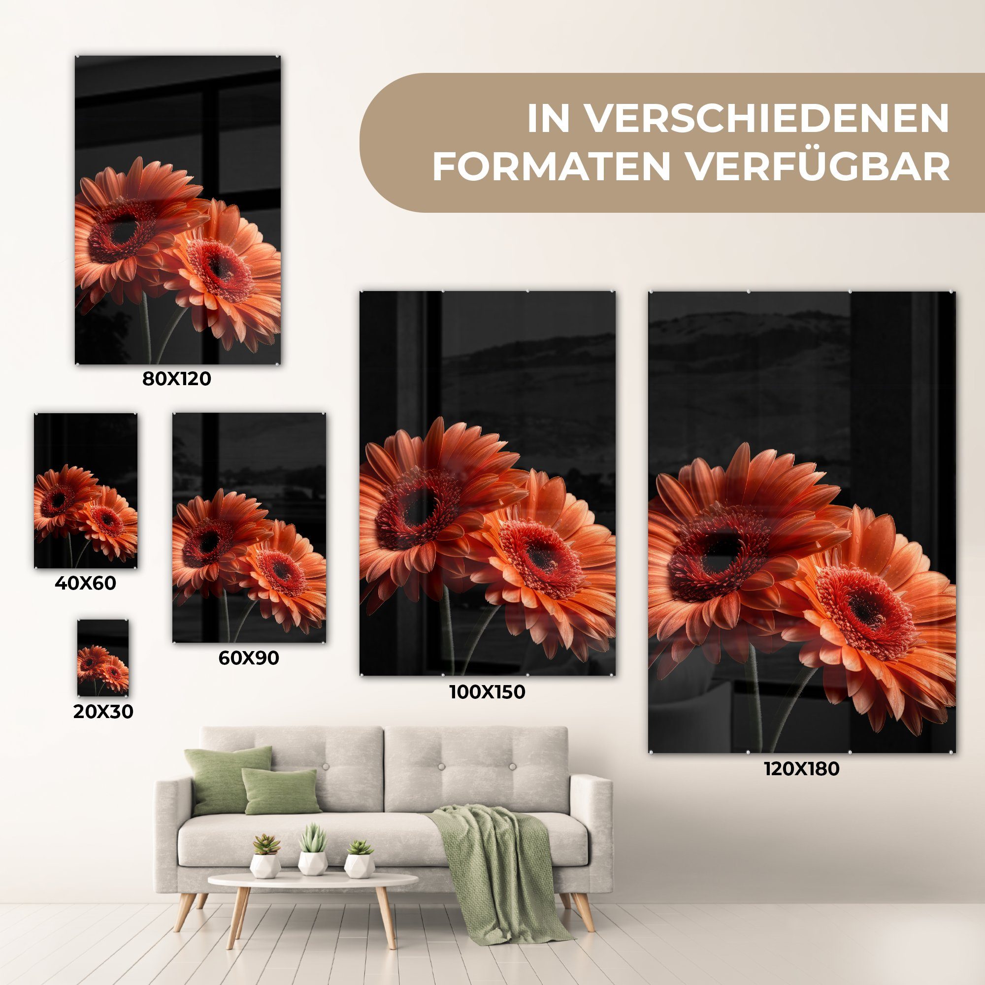 MuchoWow Acrylglasbild Blumen Glas Glasbilder auf Wandbild - - - St), Schwarz, Orange - Gerbera - - - Botanisch (1 Foto Glas Wanddekoration auf Bilder