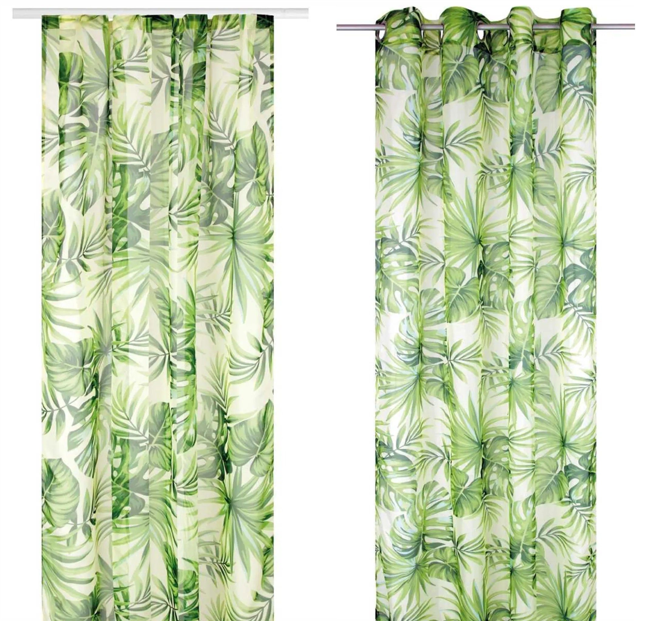 Vorhang Fertigschal Monstera, grün, BxH 140x245cm, Schal / Vorhang  wahlweise mit Ösen oder Gardinenband, Clever-Kauf-24, Faltenband (1 St),  transparent