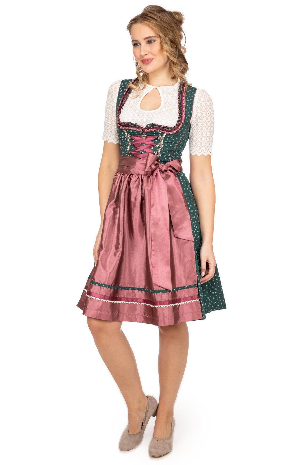 58cm MarJo Mini 2tlg. Trachtenkleid Dirndl rosenholz grün IDUNA