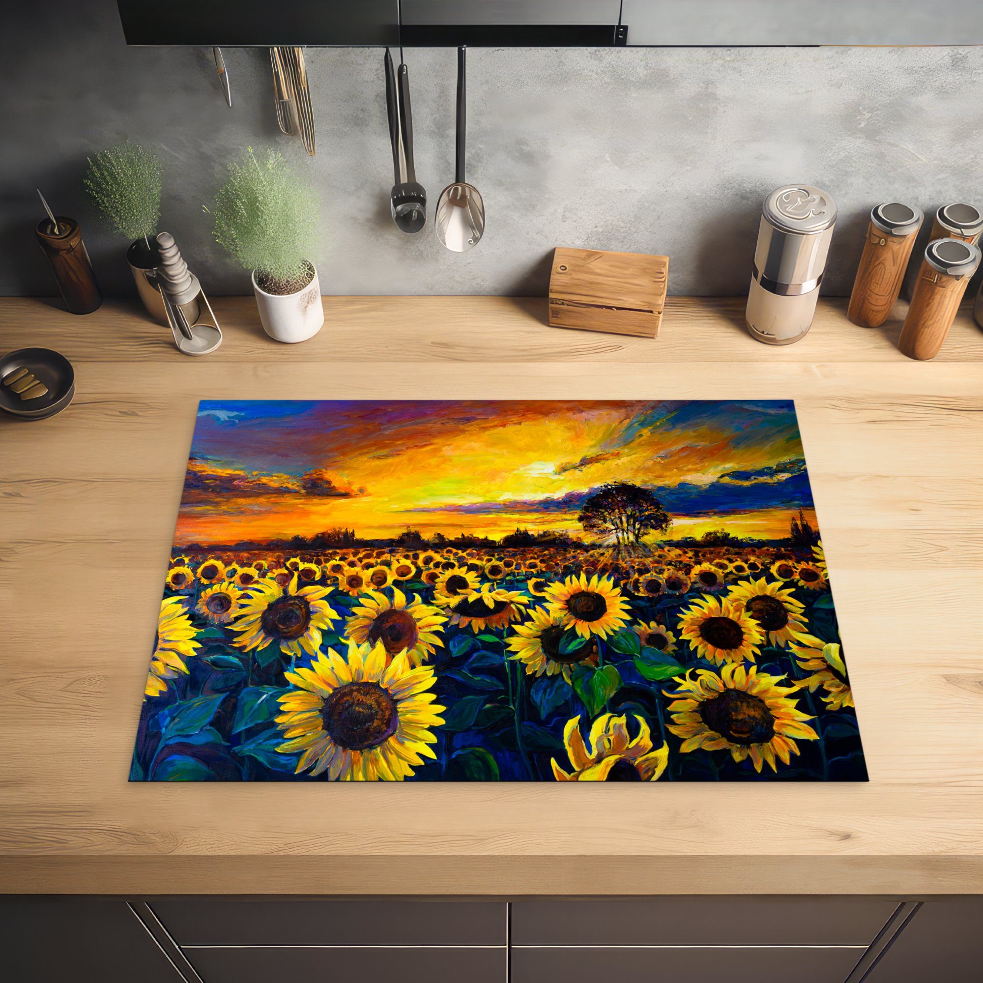 - Ölfarbe nutzbar, Blumen tlg), Sonnenblume, Ceranfeldabdeckung Herdblende-/Abdeckplatte cm, (1 - Vinyl, Mobile MuchoWow Arbeitsfläche - 70x52 Gemälde