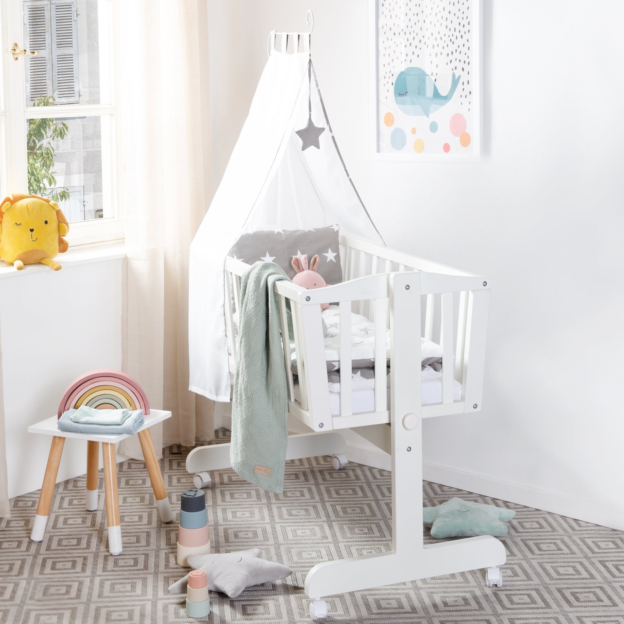 roba® Stubenbett Komplettwiegenset "Little Stars", Stubenwagen & Wiege aus Holz in Weiß / Grau