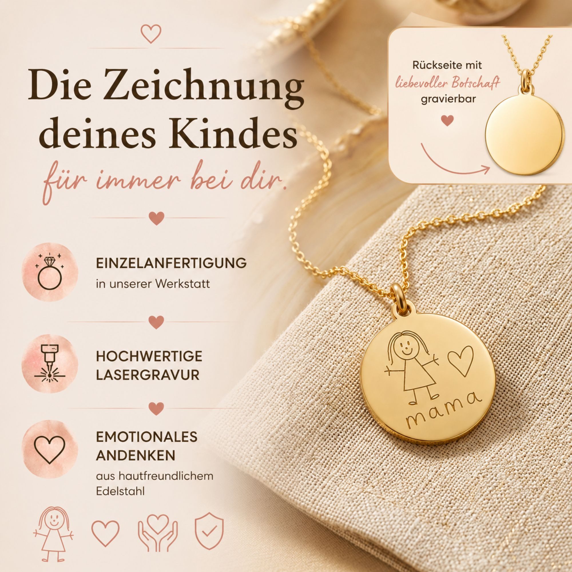 BS Schmuckdesign Kette mit Anhänger mit Gravur Kette mit Kinderzeichnung Gravur Geschenk für Mama persönliche Kette (inkl. Gravur), personalisiert inkl. Geschenkbox