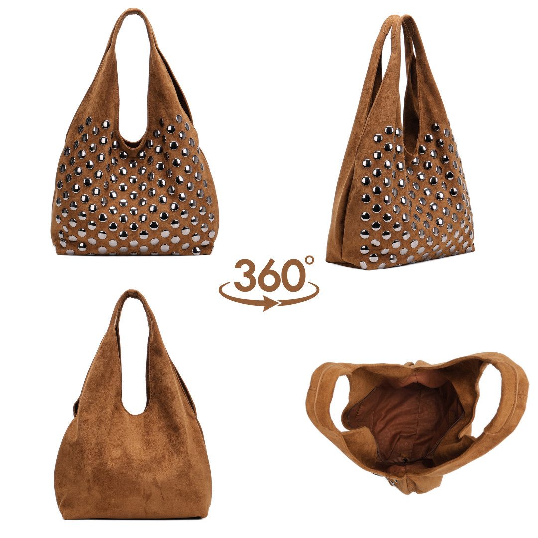 MIRROSI Shopper Damen Hobo Bag Schultertasche Wildleder-Optik mit Nieten (Shopper Handtasche aus Stoff, ca. 38x12x29 cm), Neue Kollektion Herbst/Winter 2026 – Bild 3 von 3