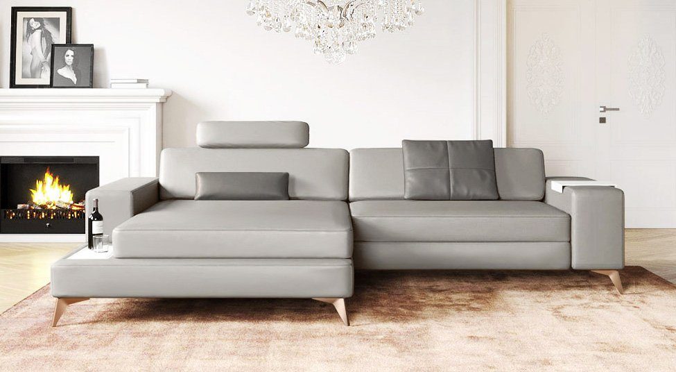 BULLHOFF Ecksofa Leder Ecksofa Eckcouch L-Form Designsofa LED Wohnlandschaft Leder Sofa Couch XXL Grau Cognac »MÜNCHEN IV« von BULLHOFF, Made in Europe