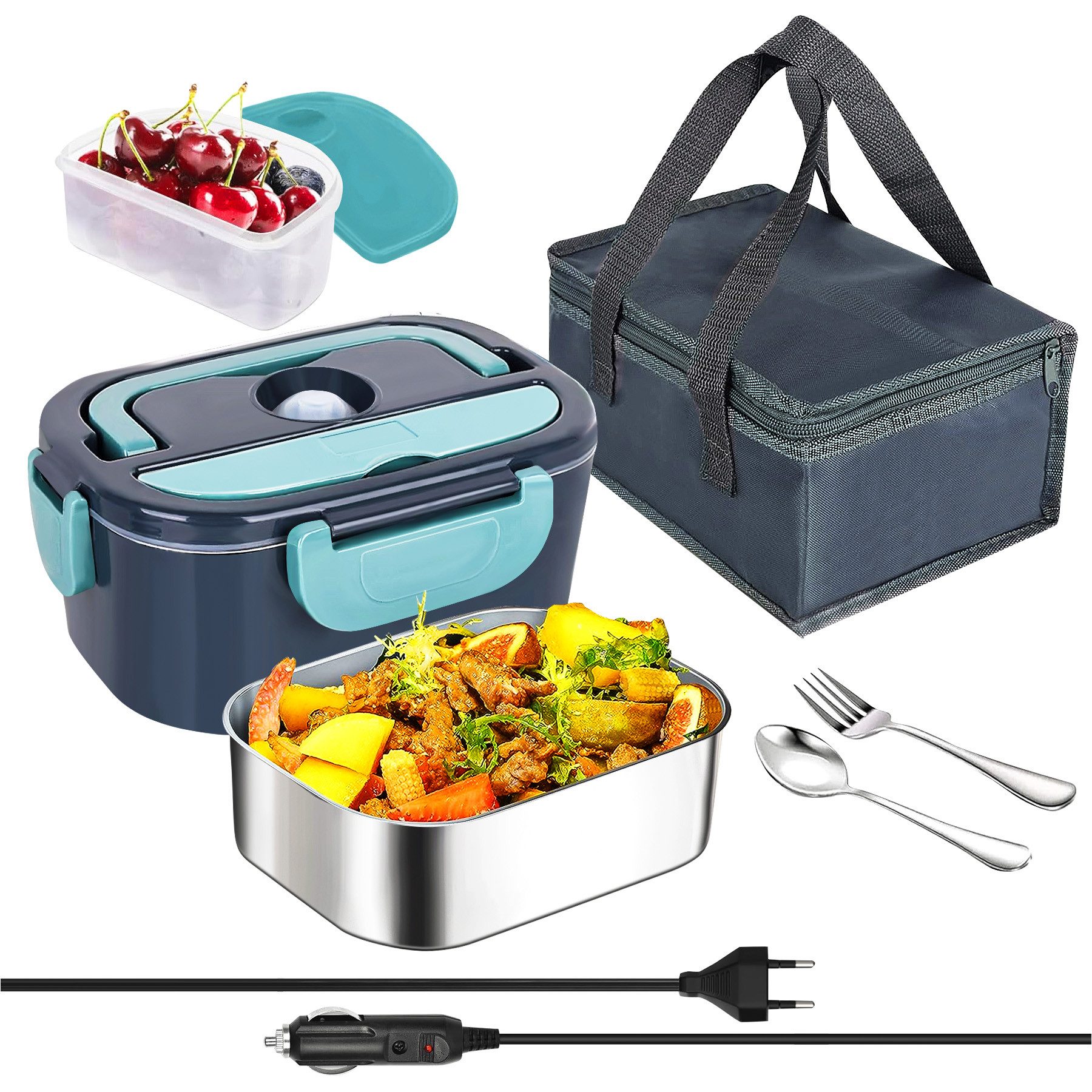 Senmudi Elektrische Lunchbox Elektrische Lunchbox 3 in 1 für Zuhause und Auto,1.5L, (getrennte Fächer, Auto-Netzkabel, Trenneinsatz, Kunststoffbox,Edelstahlgabel, Europäisches Netzkabel, self heating lunch box, speisenwärmer, lunchboxen kinder, lunchboxen-set), schnelles Erhitzen von Speisen
