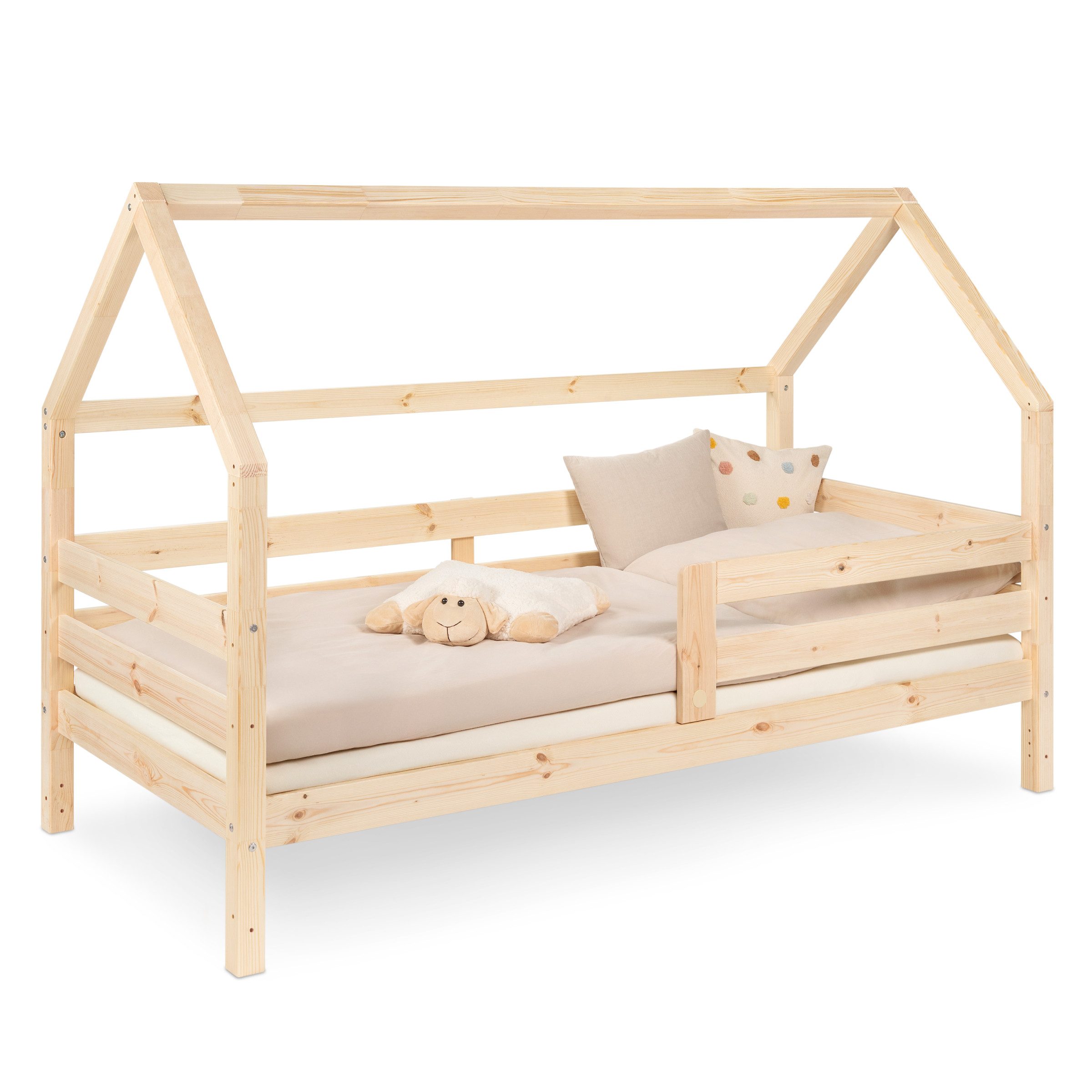 Ehrenkind Hausbett Sona aus FSC®-zertifiziertem Kiefernholz, höhenverstellbar (90x200 cm, inkl. Rollrost und abnehmbarem Rausfallschutz), 2-in-1 Bett – bodentief oder in Standardhöhe aufbaubar