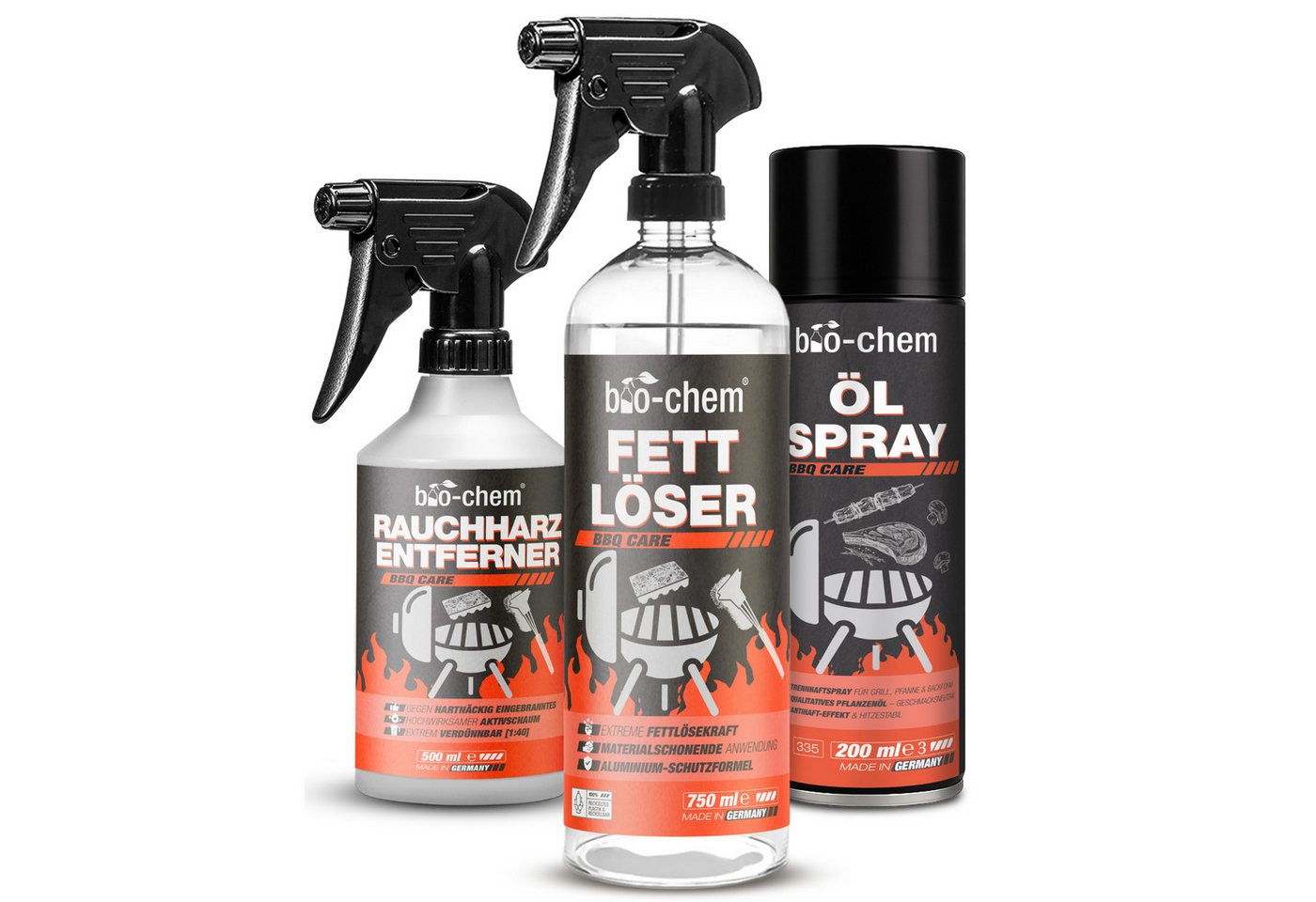 bio-chem Grillreiniger Set – Reinigung & Pflege für Grill, Backofen & Edelstahl Grillreiniger (Sparpaket, [3-St. Grillreiniger Set mit Rauchharz Entferner, Fettlöser & BBQ Öl-Spray Rauchharz Entferner, Fettlöser & Öl-Spray für Grill und Backofen)