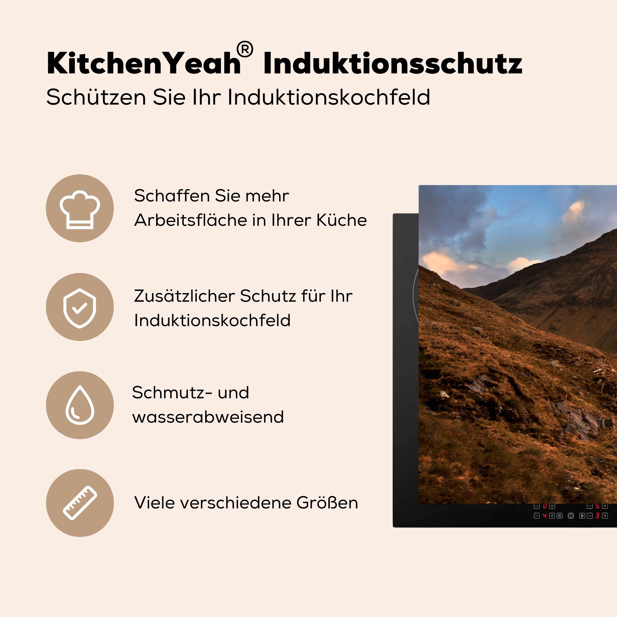 küche, für Schafe Bergstraße Vinyl, Induktionskochfeld Schutz auf Herdblende-/Abdeckplatte tlg), MuchoWow 81x52 (1 Ceranfeldabdeckung einer Irland, die cm, in