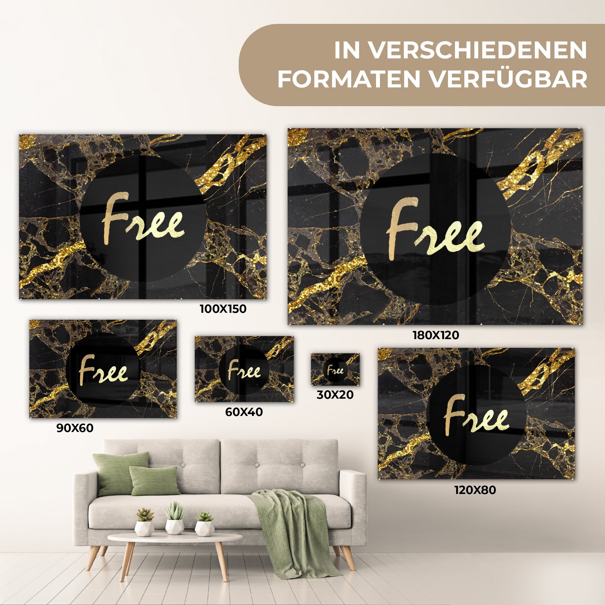 - - MuchoWow Glas Wandbild Marmor, - - Kostenlos Foto Glasbilder auf Acrylglasbild St), Zitate - Bilder - Wanddekoration Gold Glas (1 auf