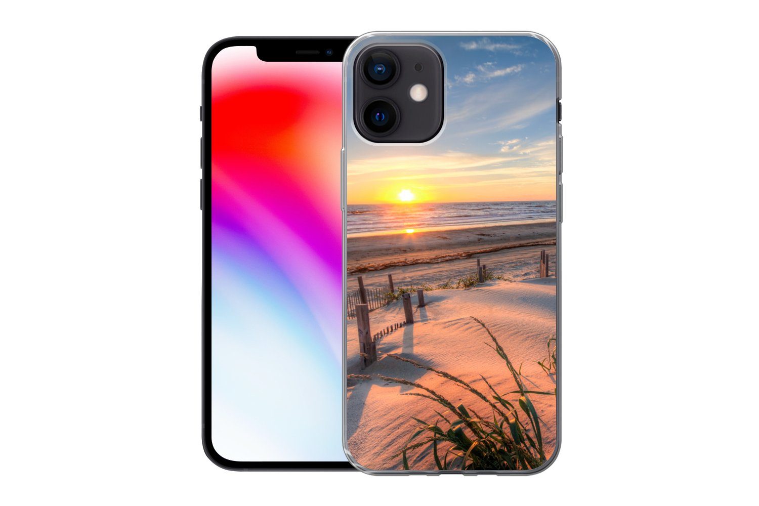 MuchoWow Handyhülle für Apple iPhone 12 Strand - Meer - Düne - Sonnenuntergang - Landschaf, Smartphone-Bumper, Print, Handy Schutzhülle Dünn